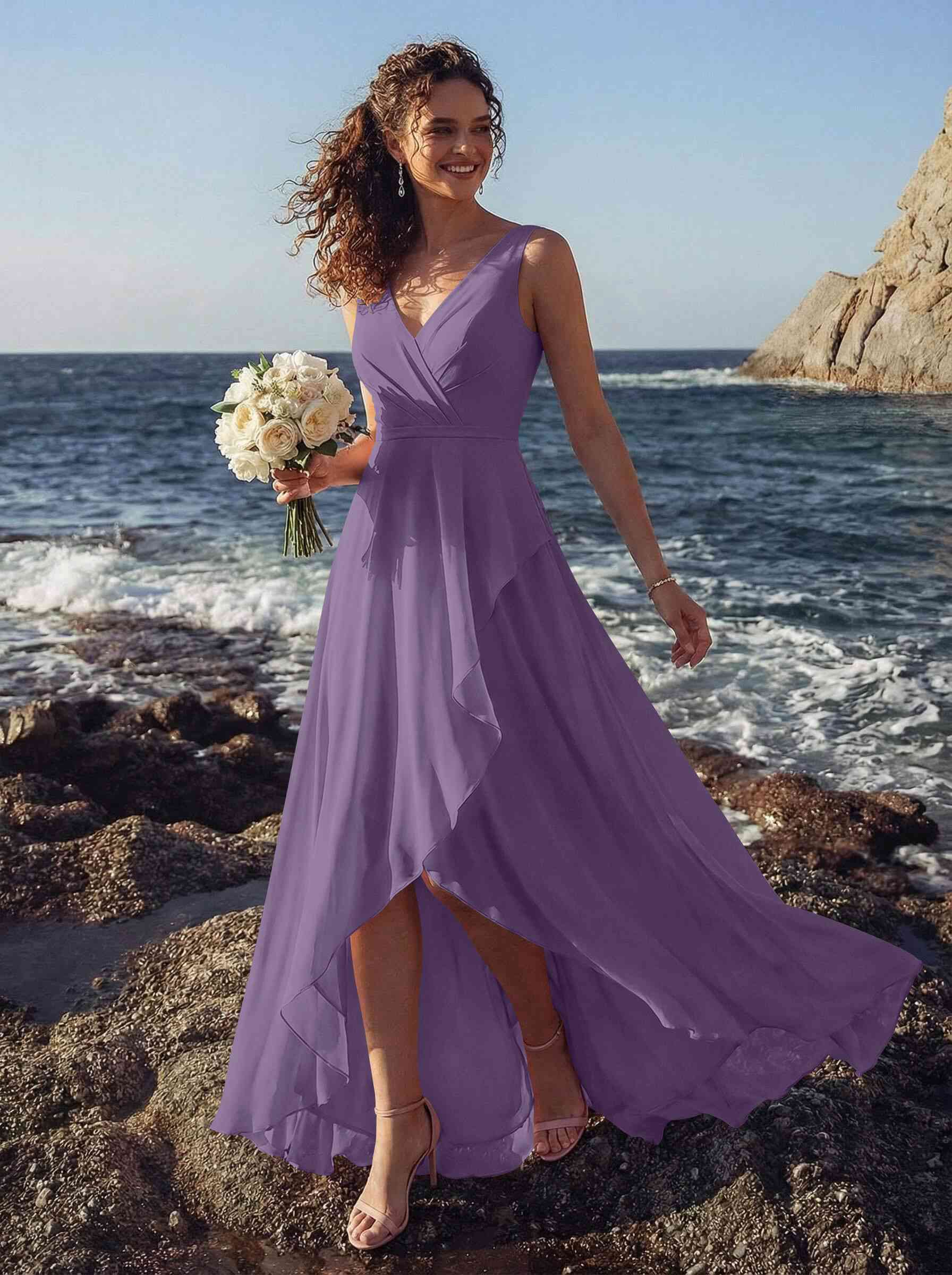 A-Line V-Neck Sleeveless Regular Straps Chiffon Asymmetrical Bridesmaid Dresses With Ruffle, product image 65