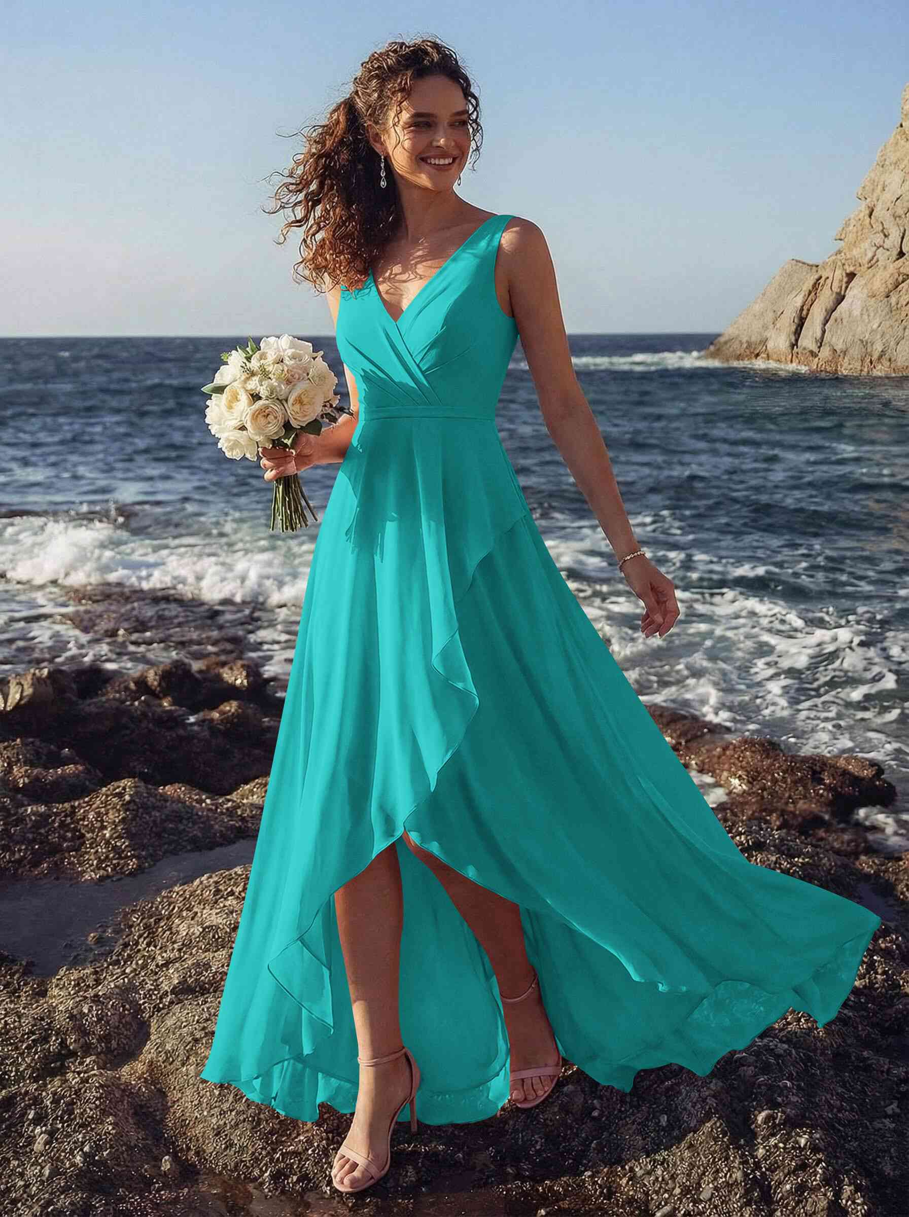 A-Line V-Neck Sleeveless Regular Straps Chiffon Asymmetrical Bridesmaid Dresses With Ruffle, product image 135