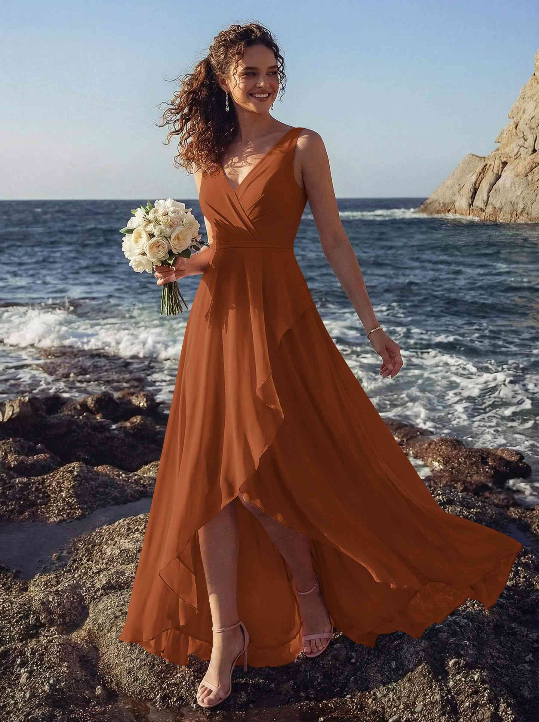 A-Line V-Neck Sleeveless Regular Straps Chiffon Asymmetrical Bridesmaid Dresses With Ruffle, product image 133