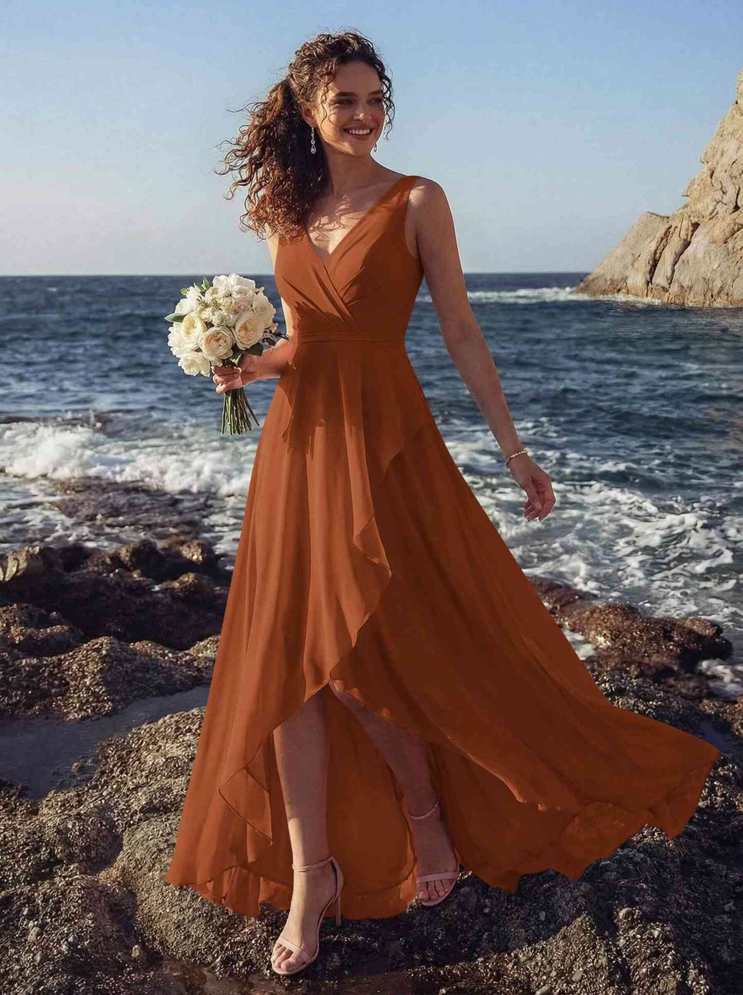 A-Line V-Neck Sleeveless Regular Straps Chiffon Asymmetrical Bridesmaid Dresses With Ruffle, product image 133