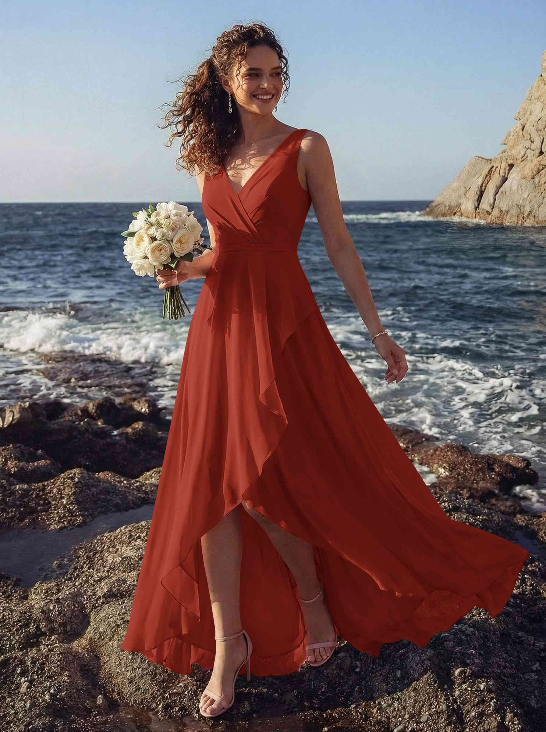 A-Line V-Neck Sleeveless Regular Straps Chiffon Asymmetrical Bridesmaid Dresses With Ruffle, product image 37