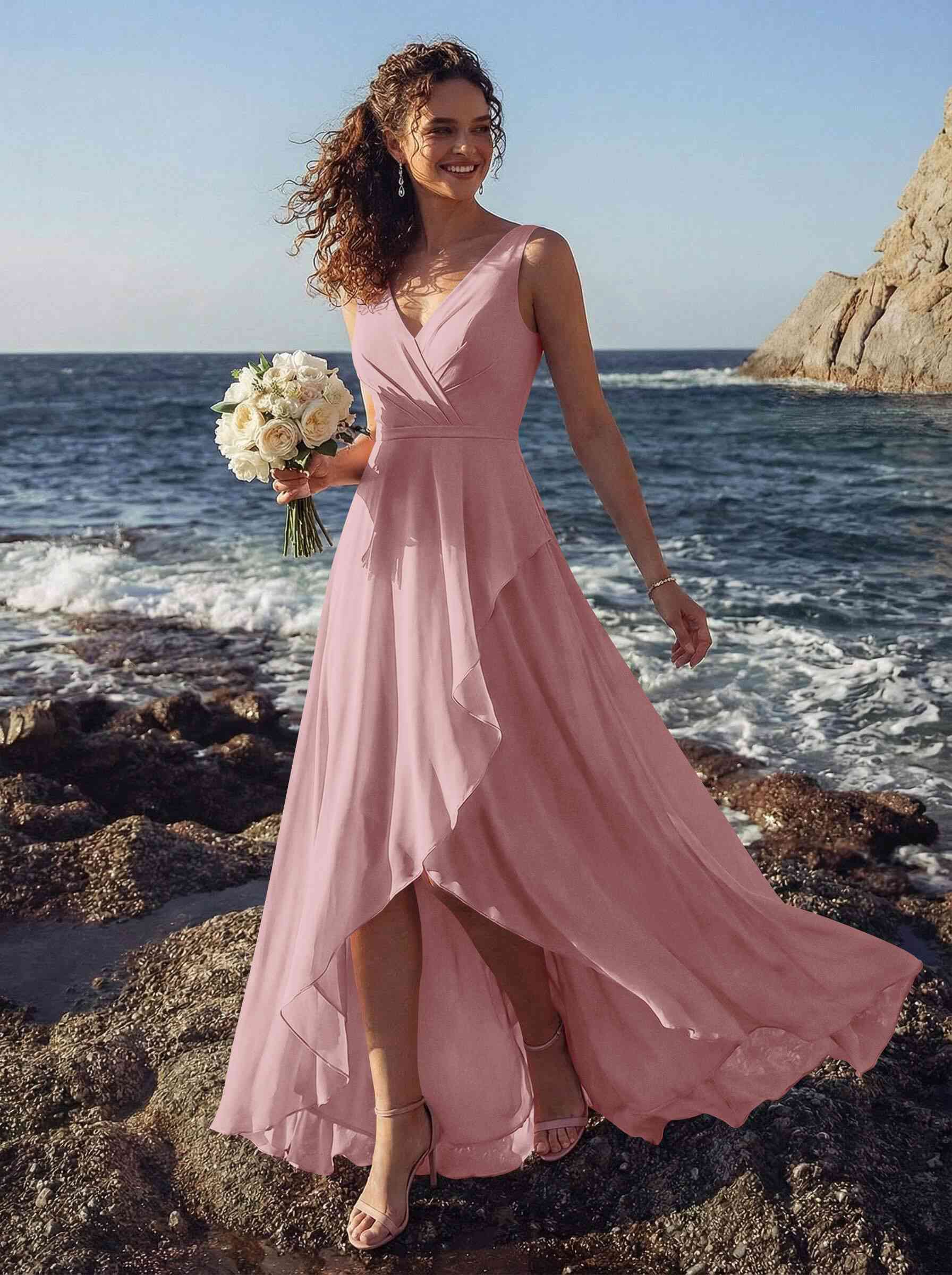 A-Line V-Neck Sleeveless Regular Straps Chiffon Asymmetrical Bridesmaid Dresses With Ruffle, product image 57