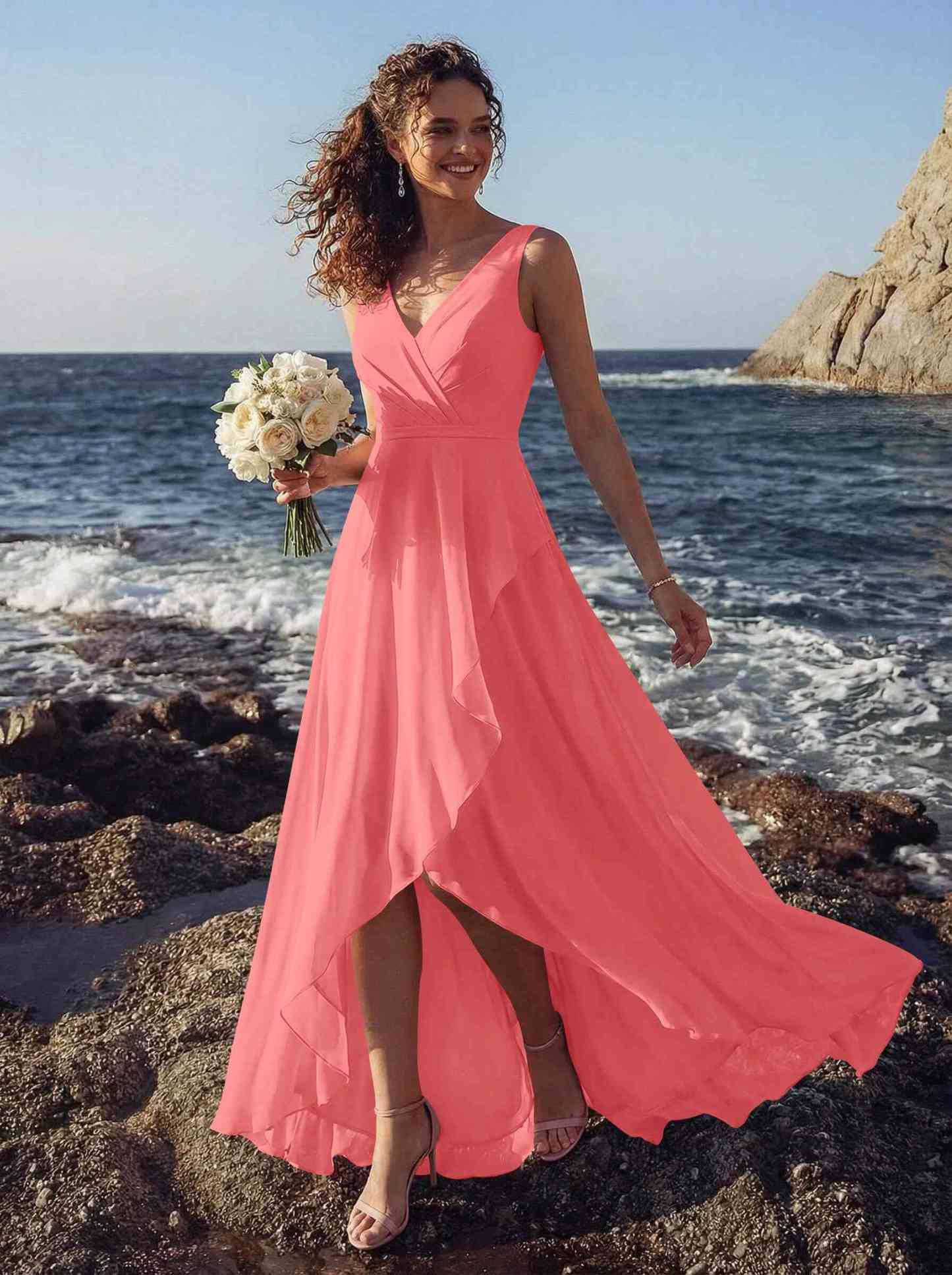 A-Line V-Neck Sleeveless Regular Straps Chiffon Asymmetrical Bridesmaid Dresses With Ruffle, product image 39