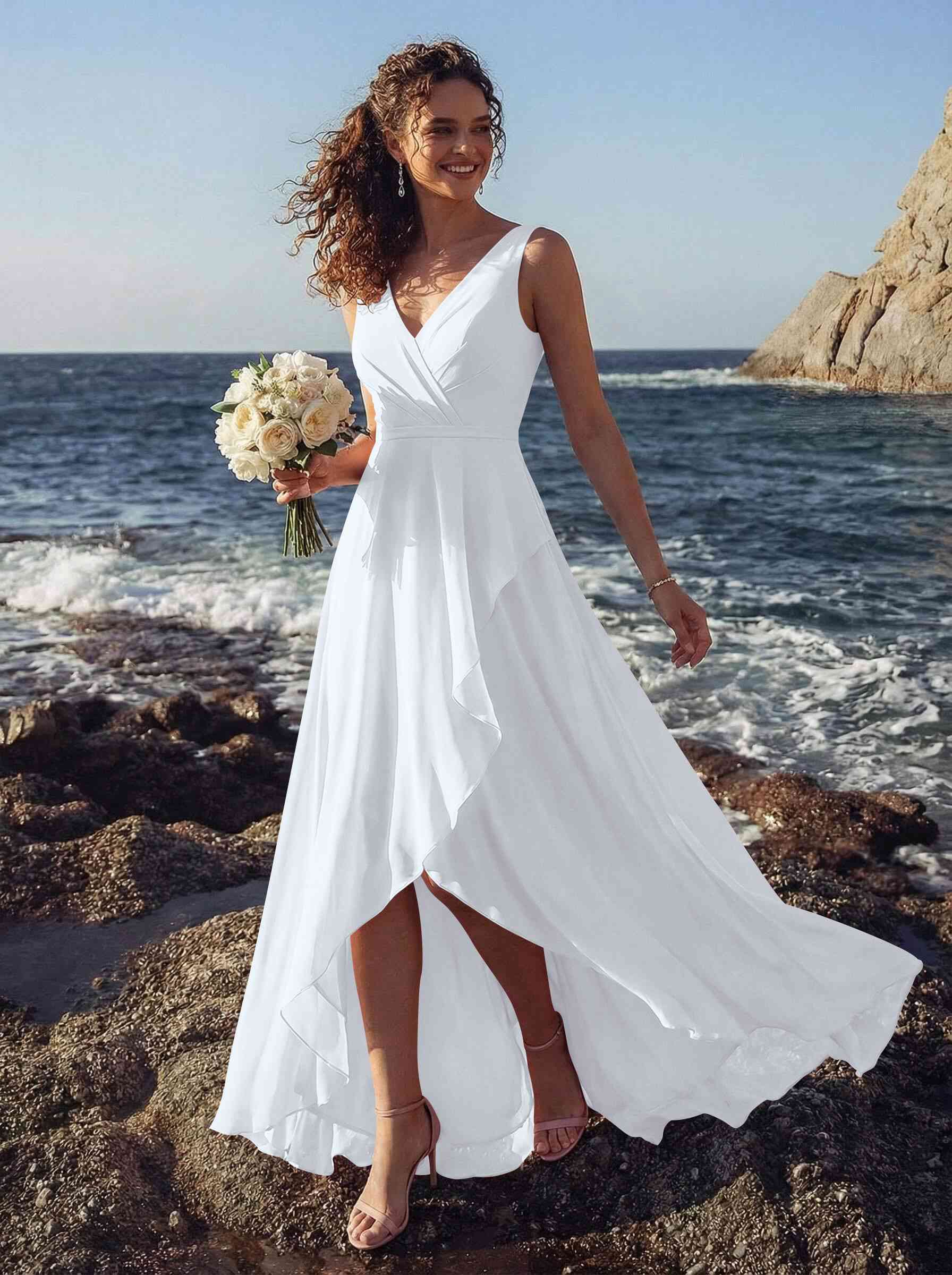 A-Line V-Neck Sleeveless Regular Straps Chiffon Asymmetrical Bridesmaid Dresses With Ruffle, product image 111
