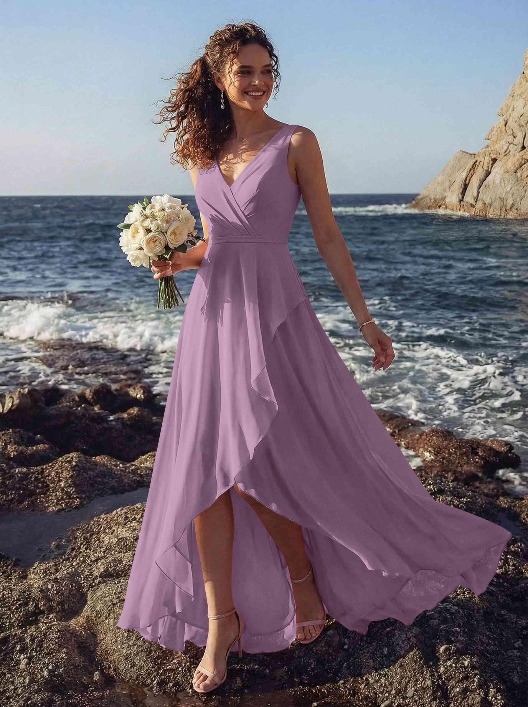 A-Line V-Neck Sleeveless Regular Straps Chiffon Asymmetrical Bridesmaid Dresses With Ruffle, product image 55