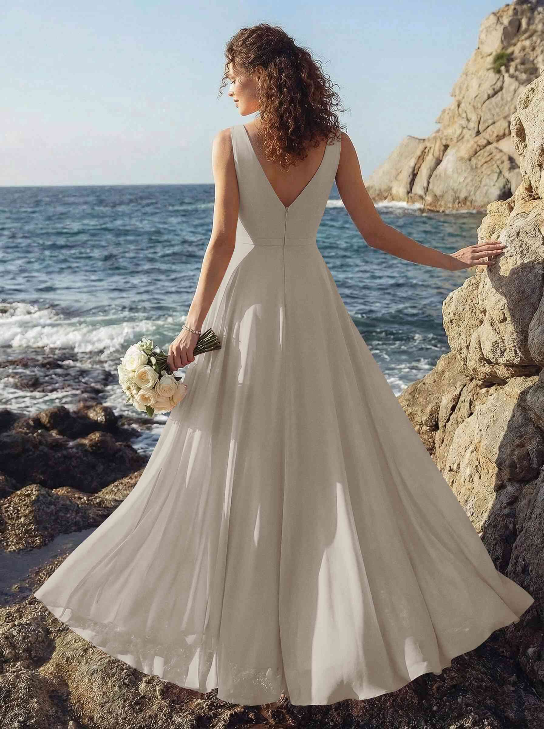 A-Line V-Neck Sleeveless Regular Straps Chiffon Asymmetrical Bridesmaid Dresses With Ruffle, product image 122