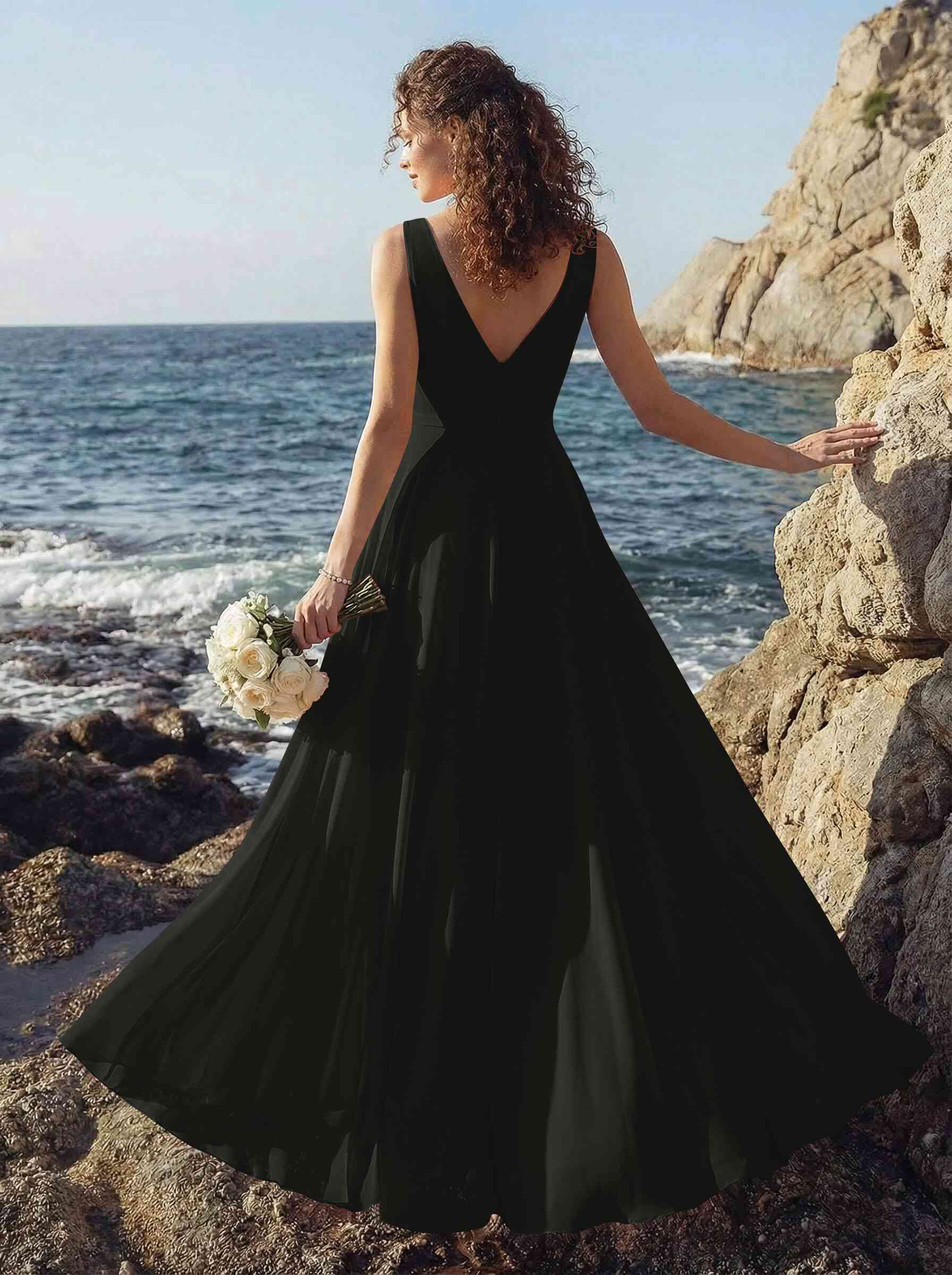 A-Line V-Neck Sleeveless Regular Straps Chiffon Asymmetrical Bridesmaid Dresses With Ruffle, product image 118
