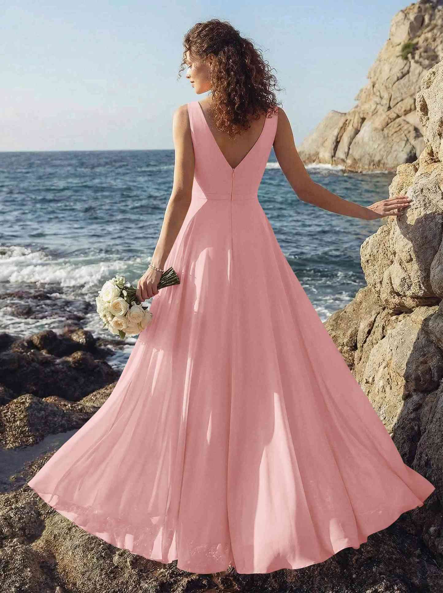 A-Line V-Neck Sleeveless Regular Straps Chiffon Asymmetrical Bridesmaid Dresses With Ruffle, product image 44