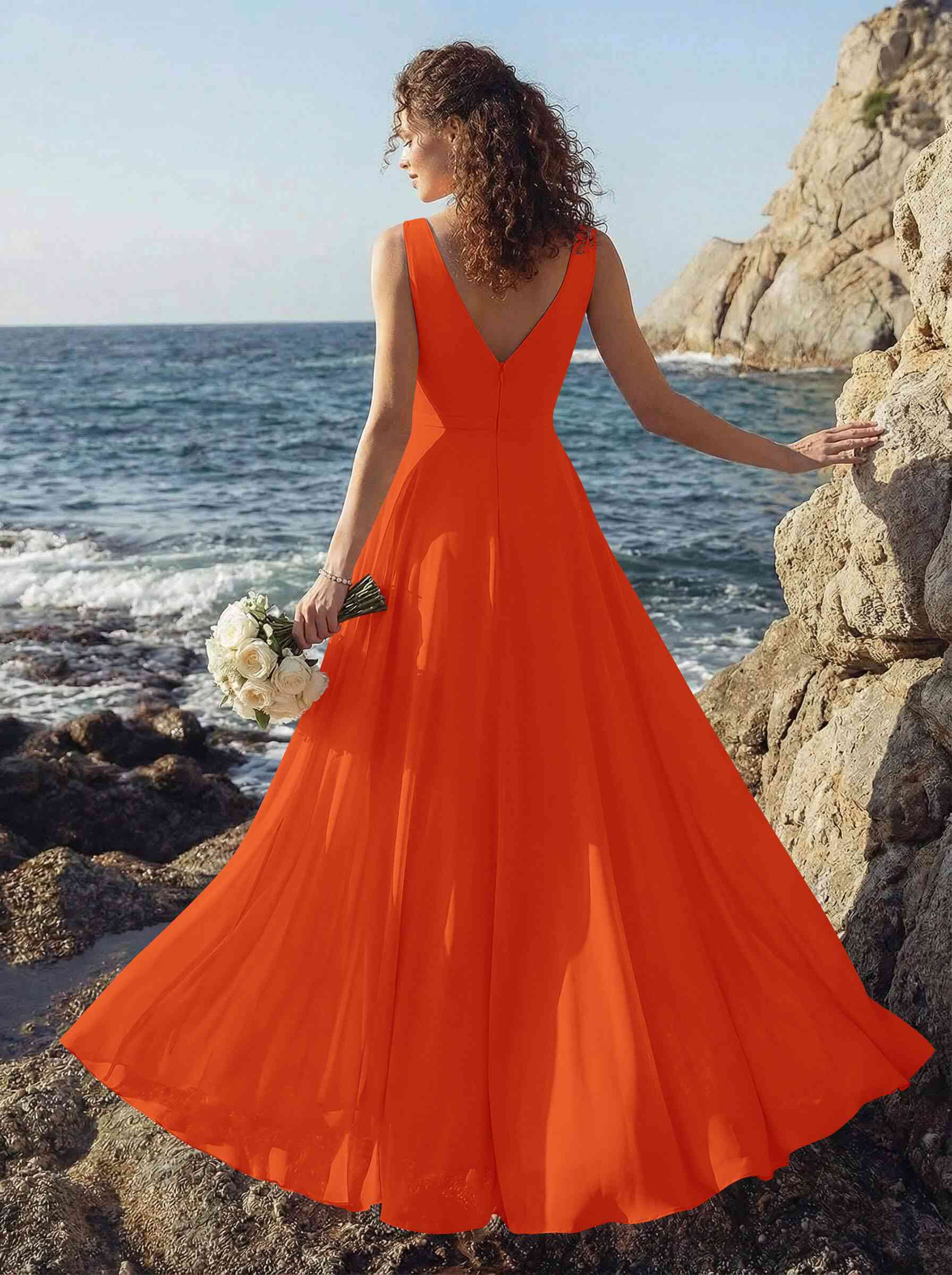 A-Line V-Neck Sleeveless Regular Straps Chiffon Asymmetrical Bridesmaid Dresses With Ruffle, product image 124