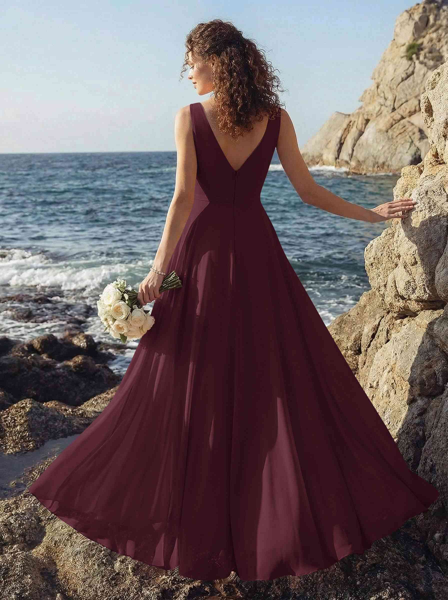 A-Line V-Neck Sleeveless Regular Straps Chiffon Asymmetrical Bridesmaid Dresses With Ruffle, product image 28