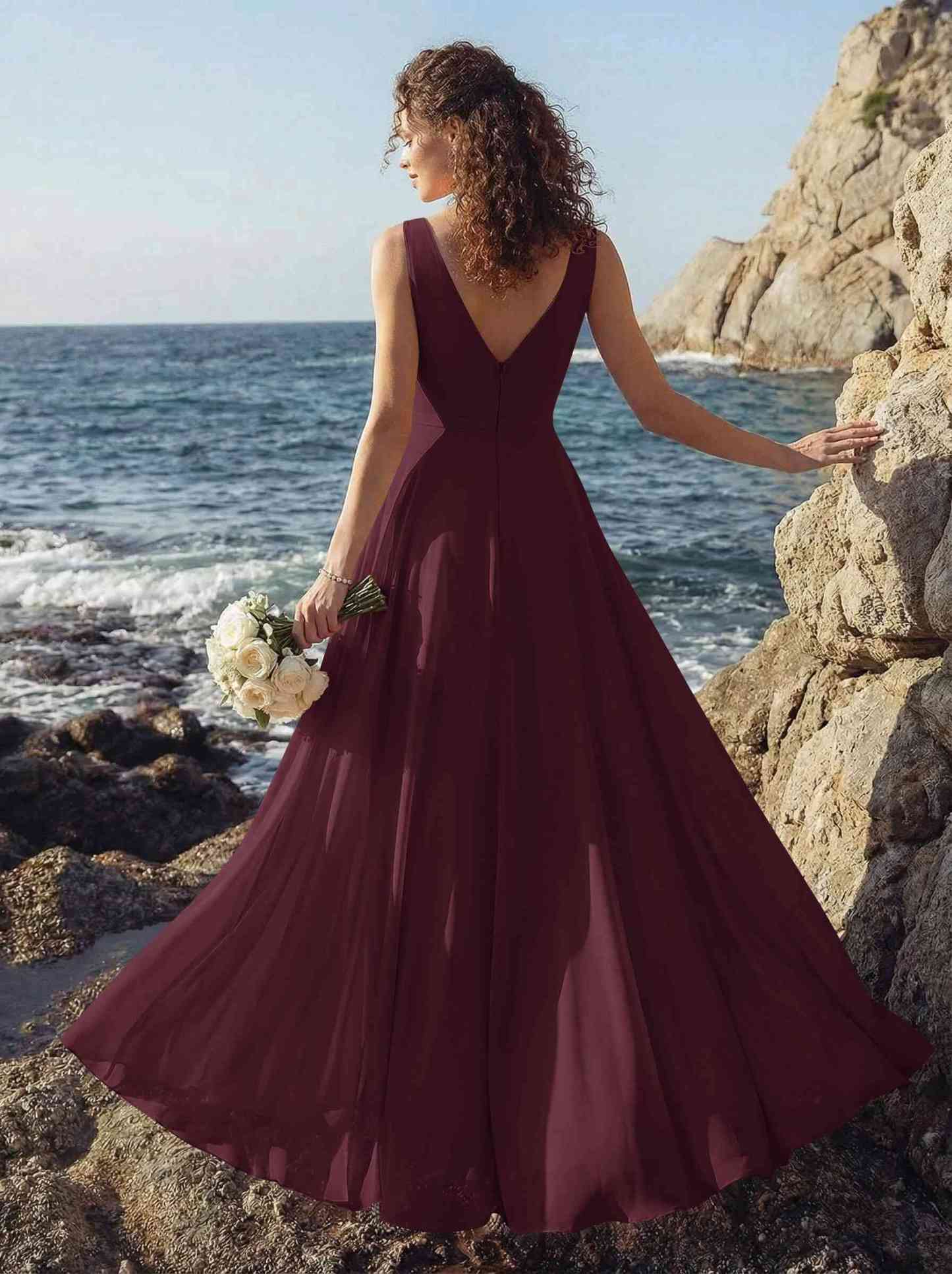 A-Line V-Neck Sleeveless Regular Straps Chiffon Asymmetrical Bridesmaid Dresses With Ruffle, product image 28