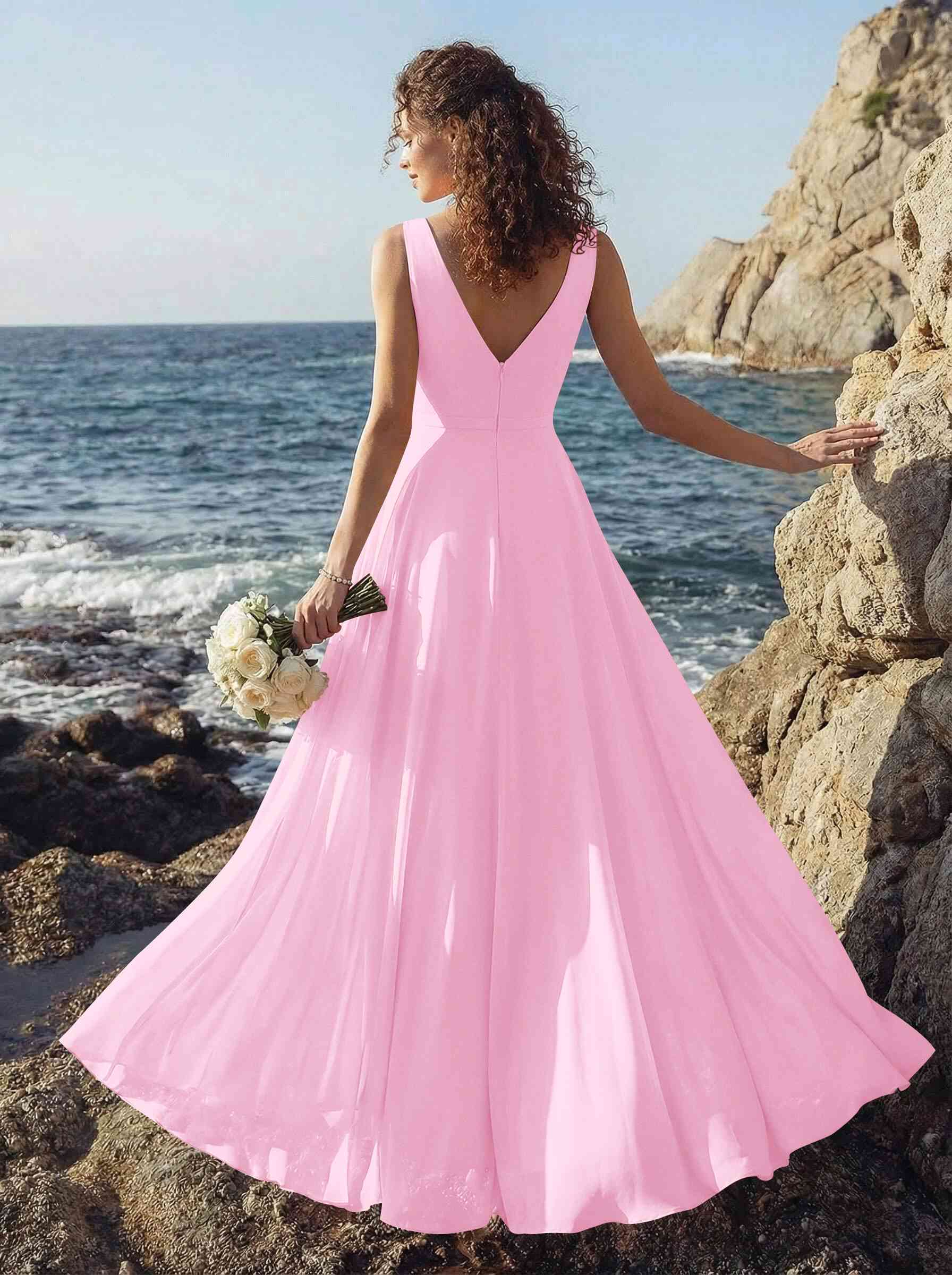 A-Line V-Neck Sleeveless Regular Straps Chiffon Asymmetrical Bridesmaid Dresses With Ruffle, product image 52