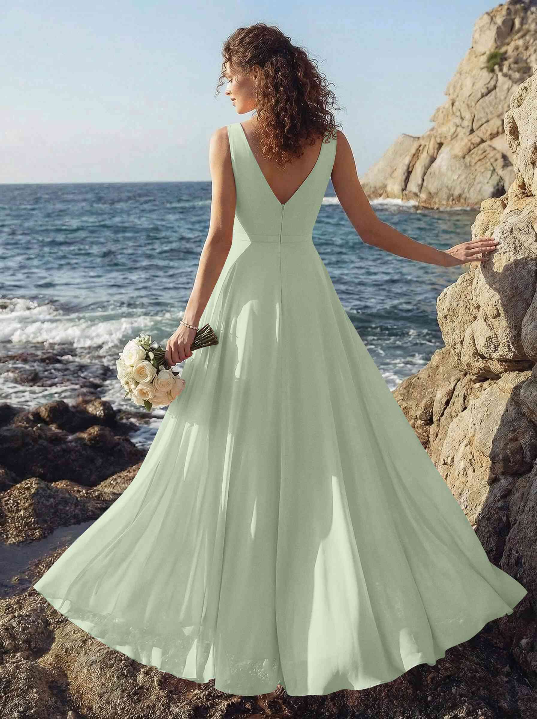 A-Line V-Neck Sleeveless Regular Straps Chiffon Asymmetrical Bridesmaid Dresses With Ruffle, product image 88