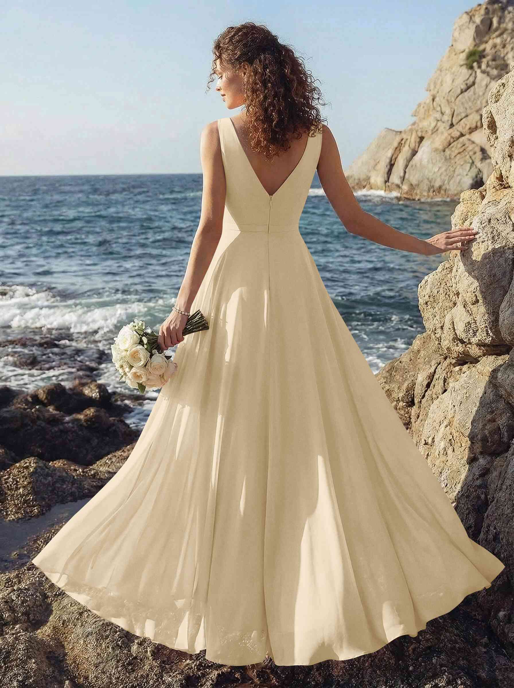 A-Line V-Neck Sleeveless Regular Straps Chiffon Asymmetrical Bridesmaid Dresses With Ruffle, product image 96