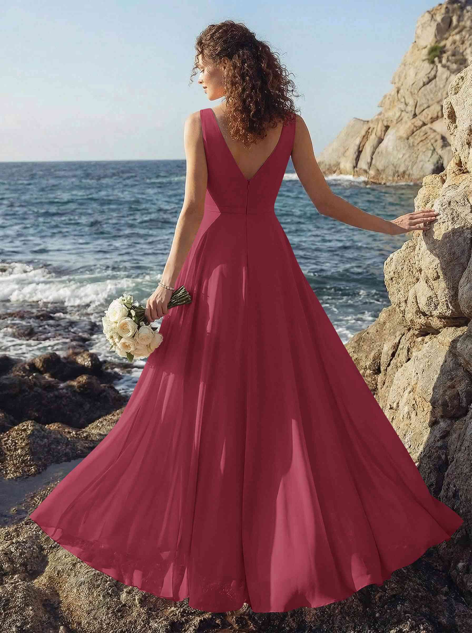 A-Line V-Neck Sleeveless Regular Straps Chiffon Asymmetrical Bridesmaid Dresses With Ruffle, product image 32