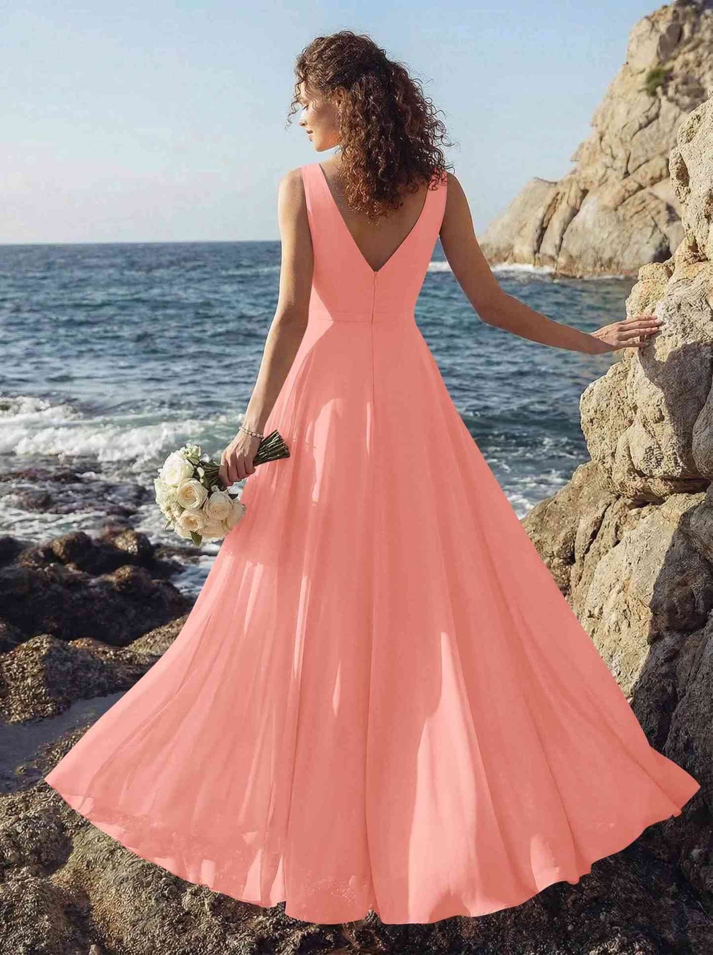 A-Line V-Neck Sleeveless Regular Straps Chiffon Asymmetrical Bridesmaid Dresses With Ruffle, product image 48