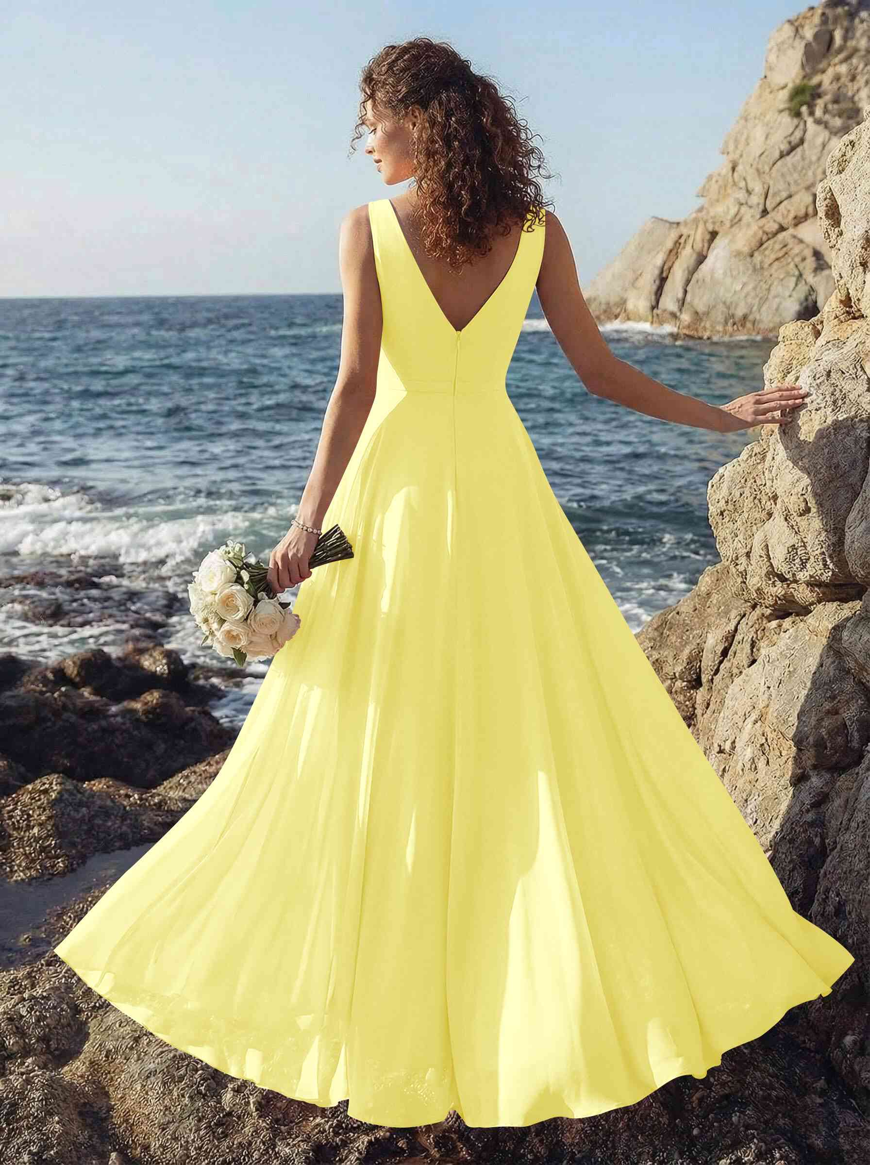 A-Line V-Neck Sleeveless Regular Straps Chiffon Asymmetrical Bridesmaid Dresses With Ruffle, product image 100