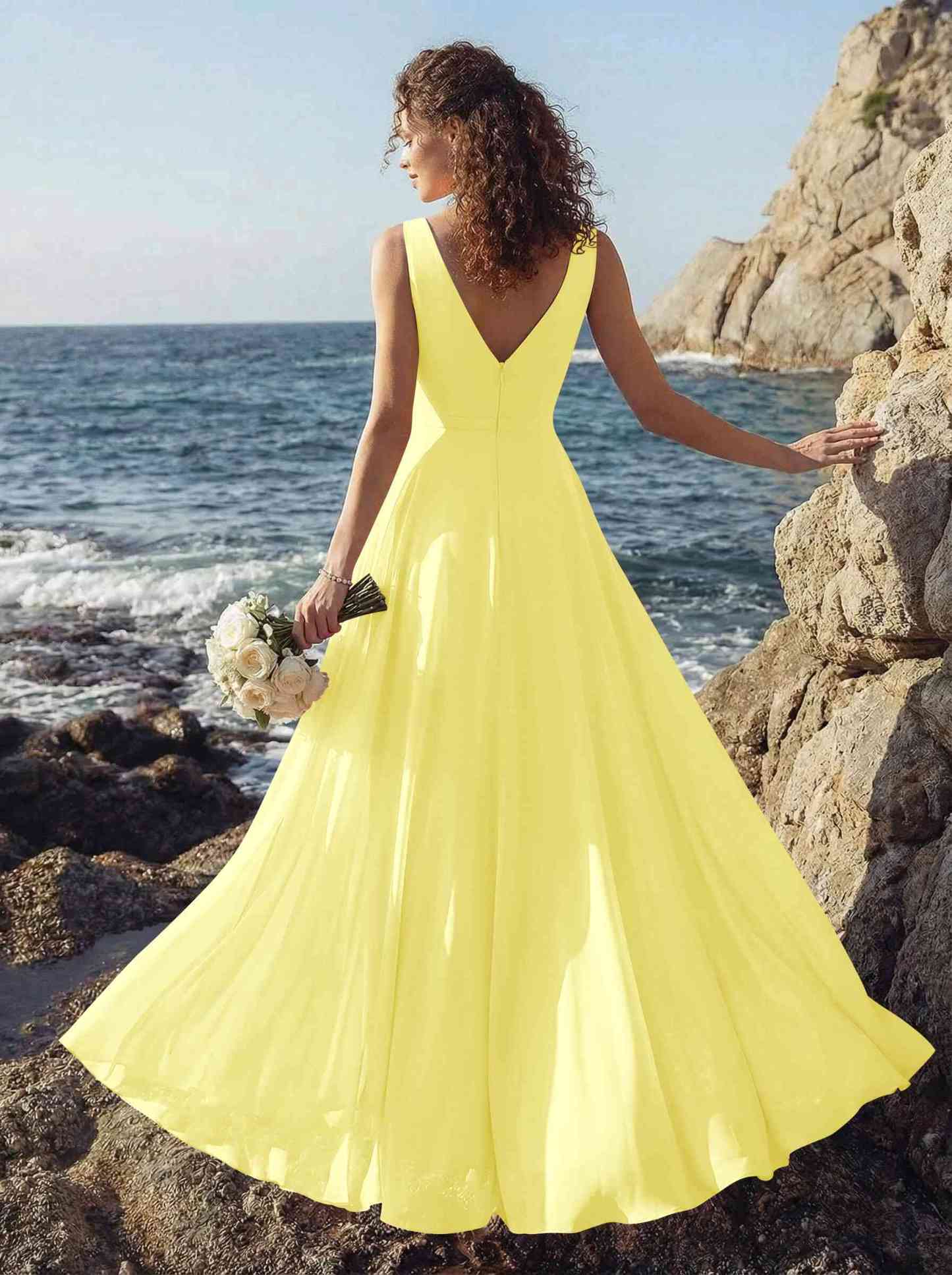 A-Line V-Neck Sleeveless Regular Straps Chiffon Asymmetrical Bridesmaid Dresses With Ruffle, product image 100
