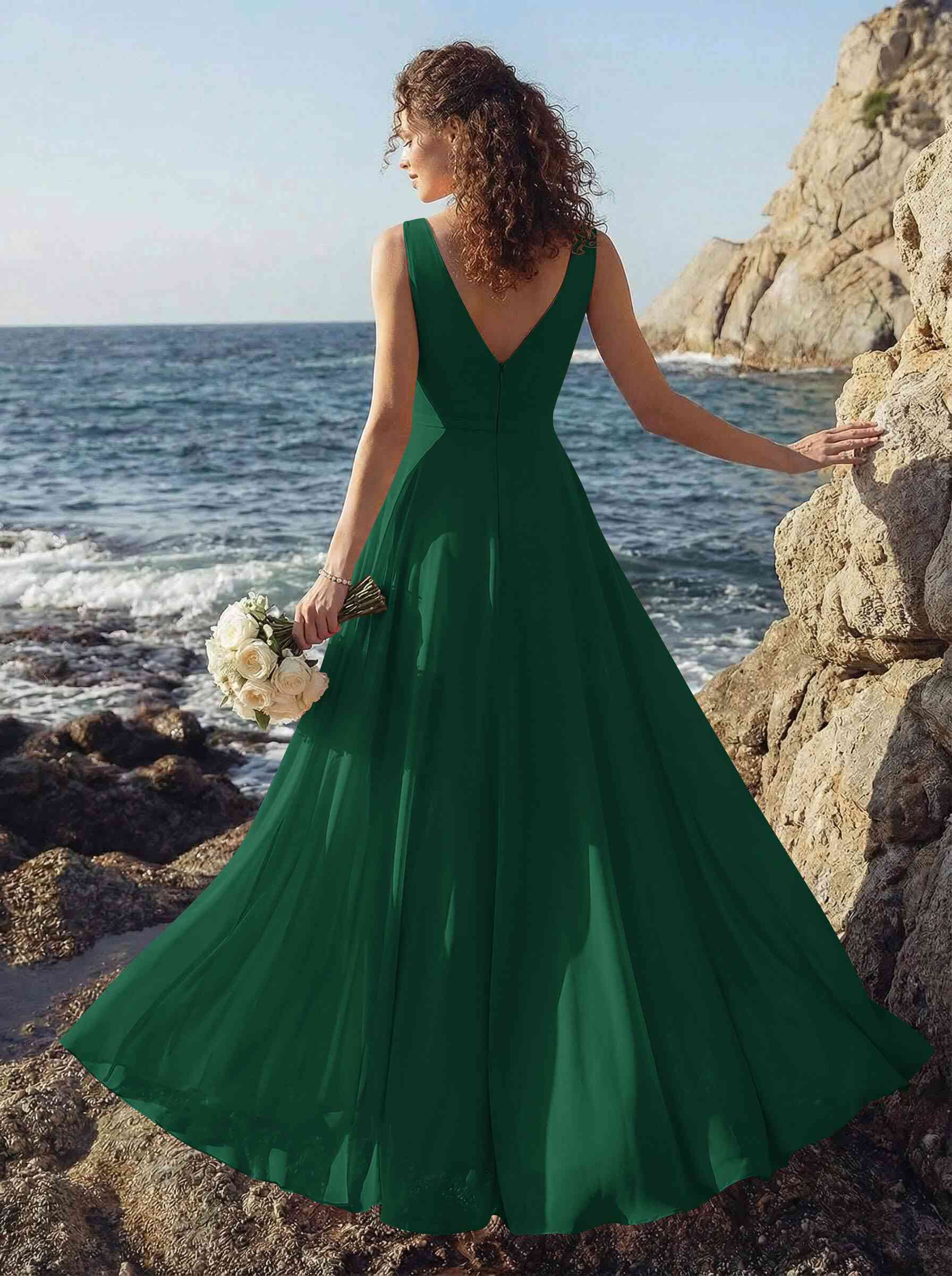 A-Line V-Neck Sleeveless Regular Straps Chiffon Asymmetrical Bridesmaid Dresses With Ruffle, product image 80