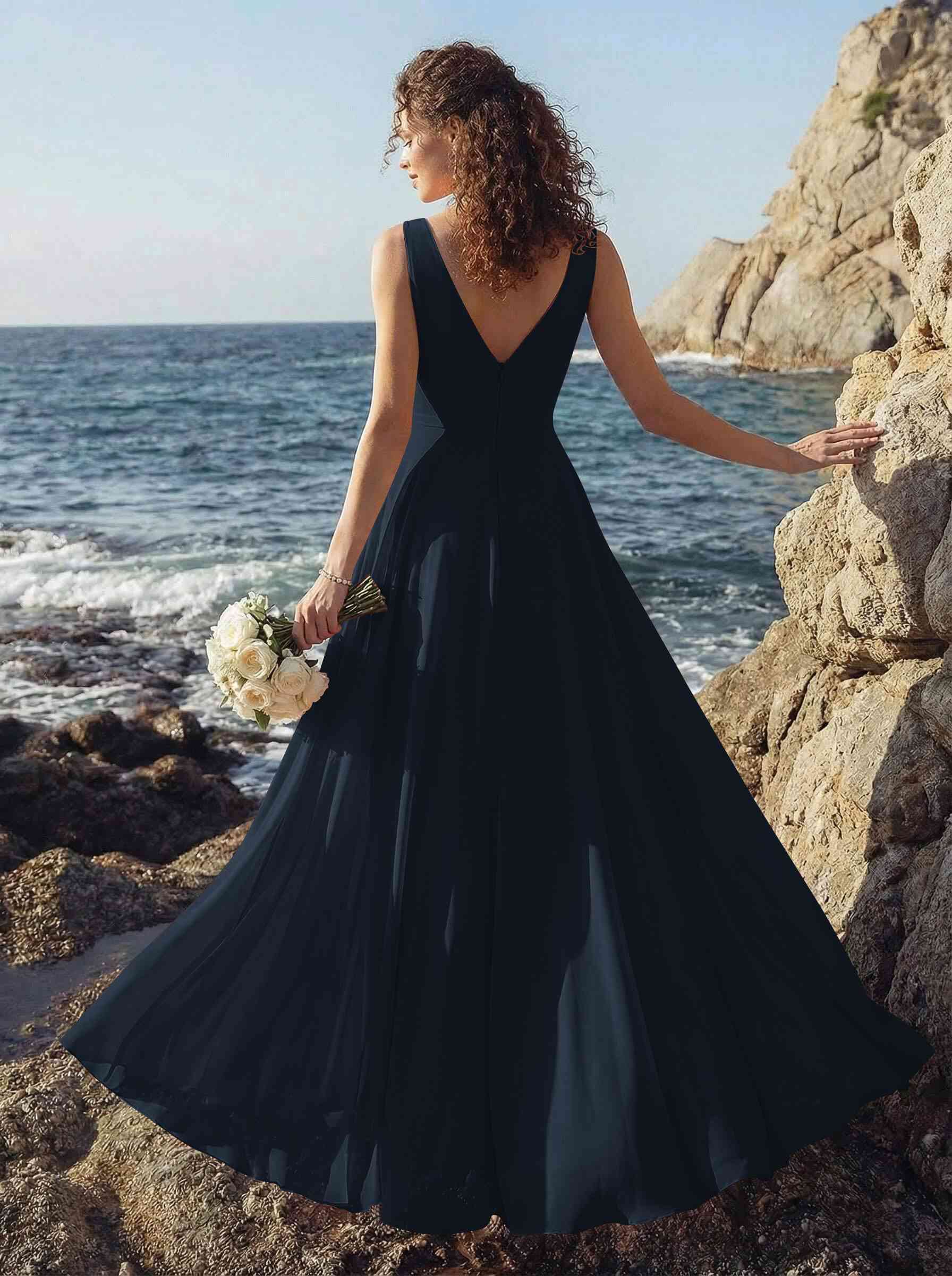 A-Line V-Neck Sleeveless Regular Straps Chiffon Asymmetrical Bridesmaid Dresses With Ruffle, product image 4