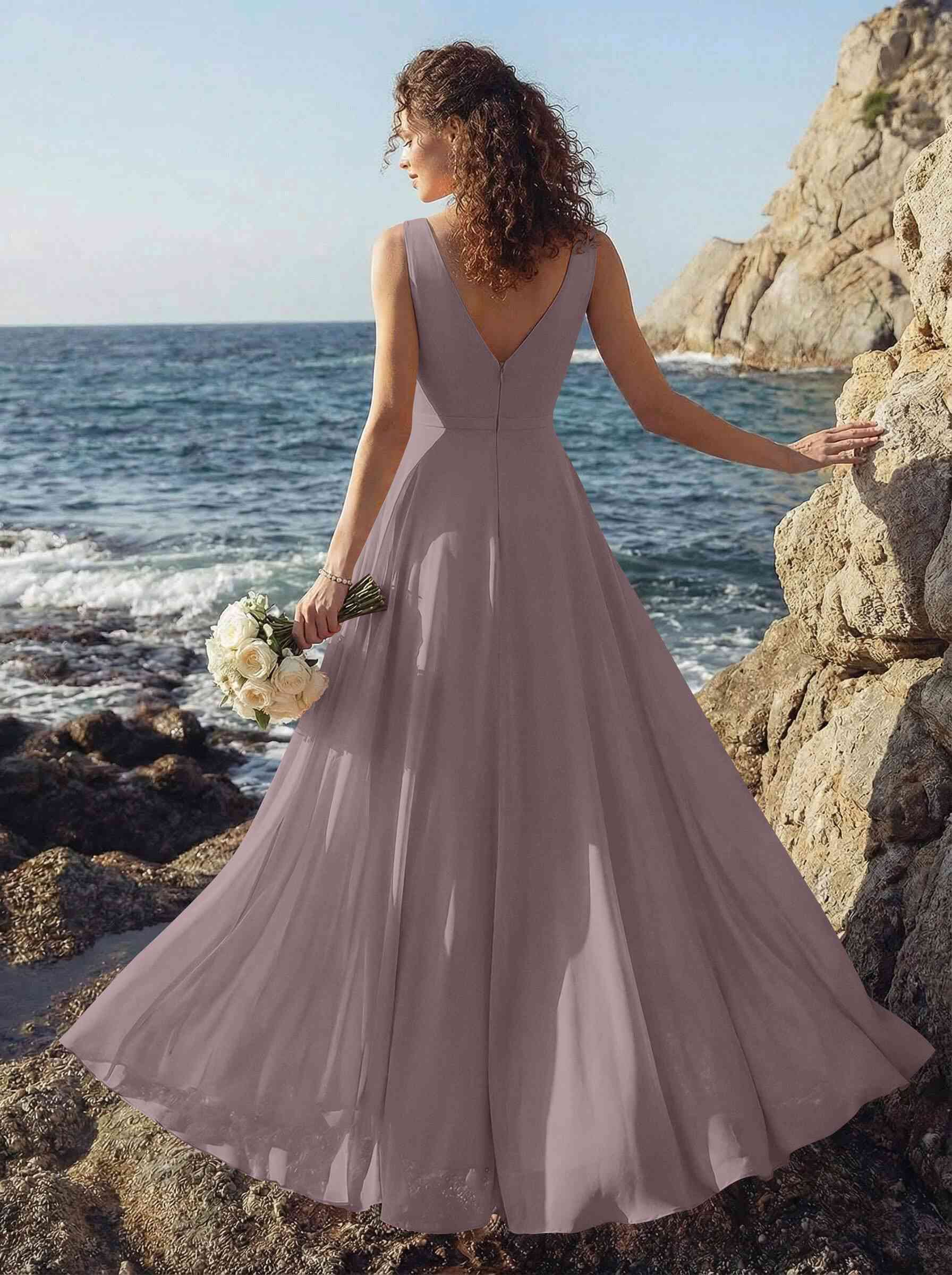 A-Line V-Neck Sleeveless Regular Straps Chiffon Asymmetrical Bridesmaid Dresses With Ruffle, product image 54