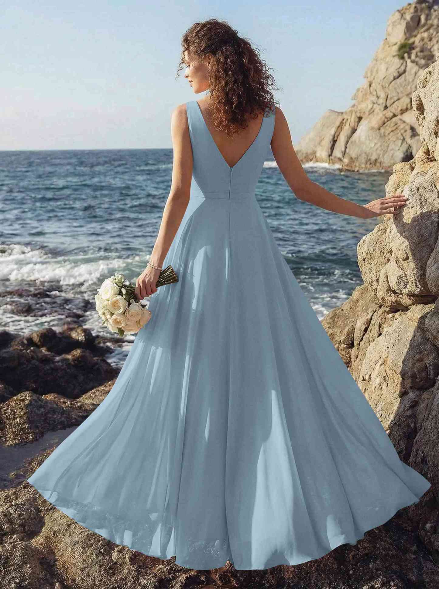 A-Line V-Neck Sleeveless Regular Straps Chiffon Asymmetrical Bridesmaid Dresses With Ruffle, product image 8