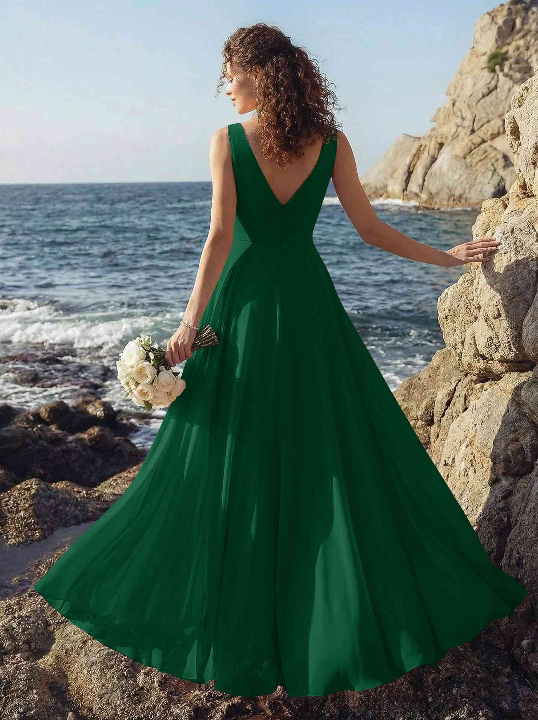 A-Line V-Neck Sleeveless Regular Straps Chiffon Asymmetrical Bridesmaid Dresses With Ruffle, product image 130