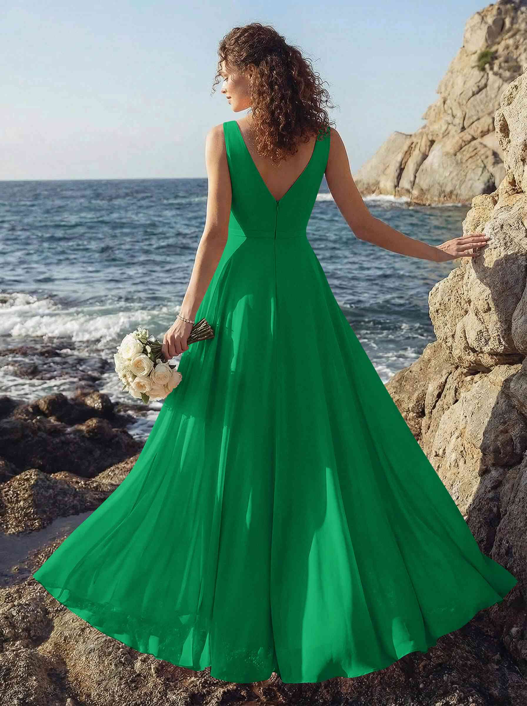 A-Line V-Neck Sleeveless Regular Straps Chiffon Asymmetrical Bridesmaid Dresses With Ruffle, product image 128