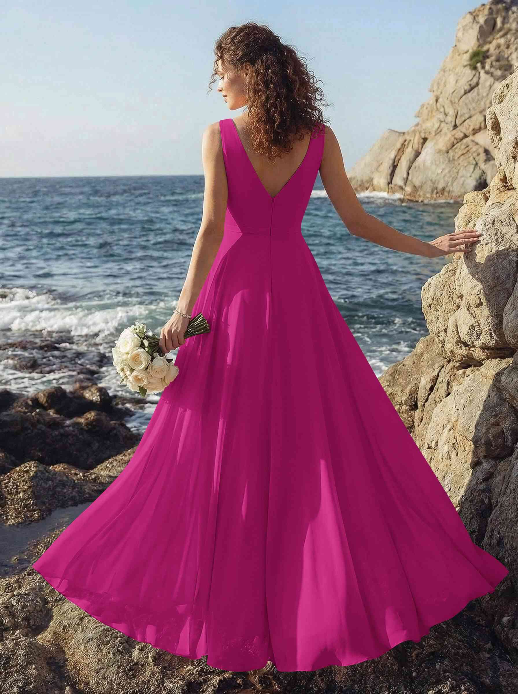 A-Line V-Neck Sleeveless Regular Straps Chiffon Asymmetrical Bridesmaid Dresses With Ruffle, product image 76