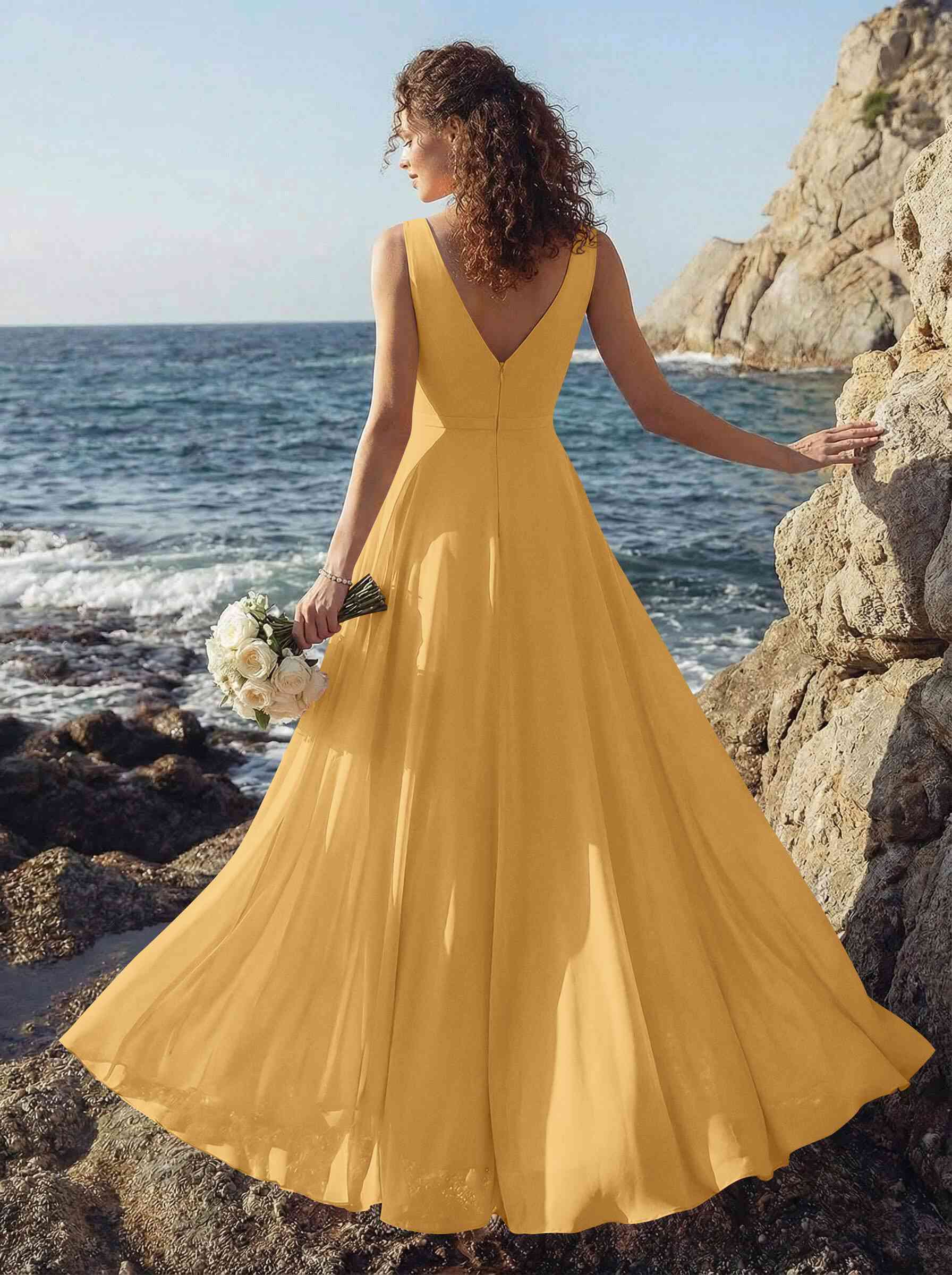 A-Line V-Neck Sleeveless Regular Straps Chiffon Asymmetrical Bridesmaid Dresses With Ruffle, product image 102