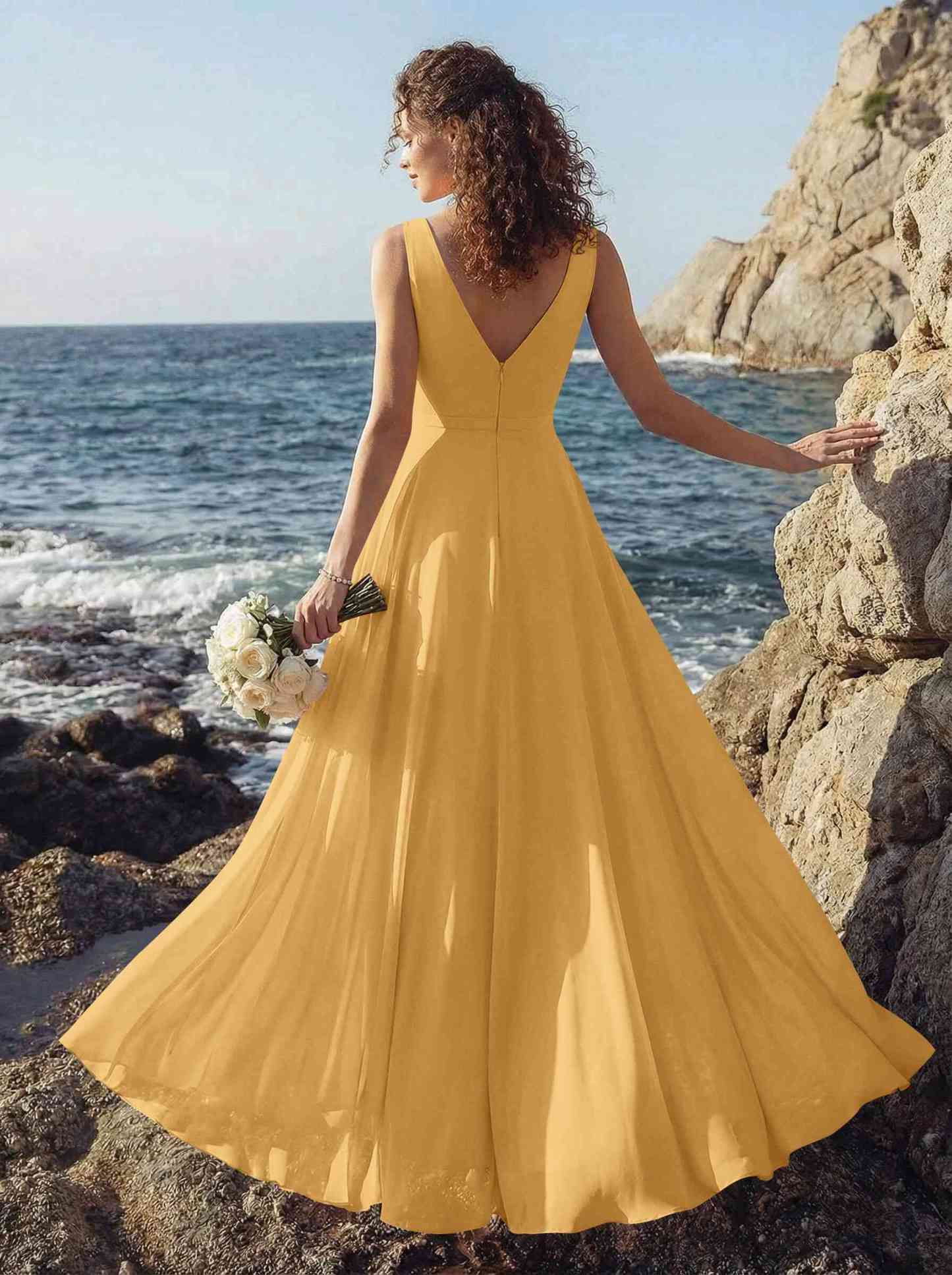 A-Line V-Neck Sleeveless Regular Straps Chiffon Asymmetrical Bridesmaid Dresses With Ruffle, product image 102