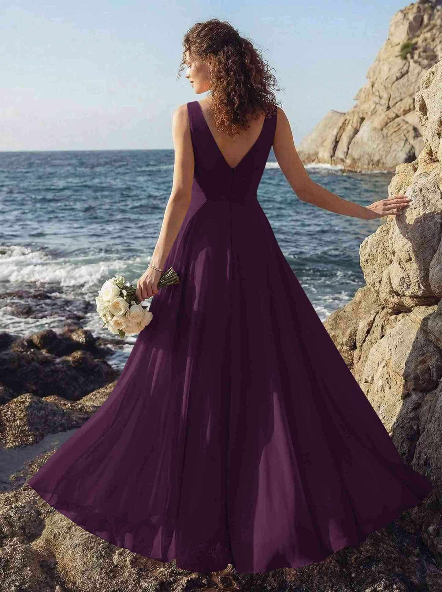 A-Line V-Neck Sleeveless Regular Straps Chiffon Asymmetrical Bridesmaid Dresses With Ruffle, product image 70