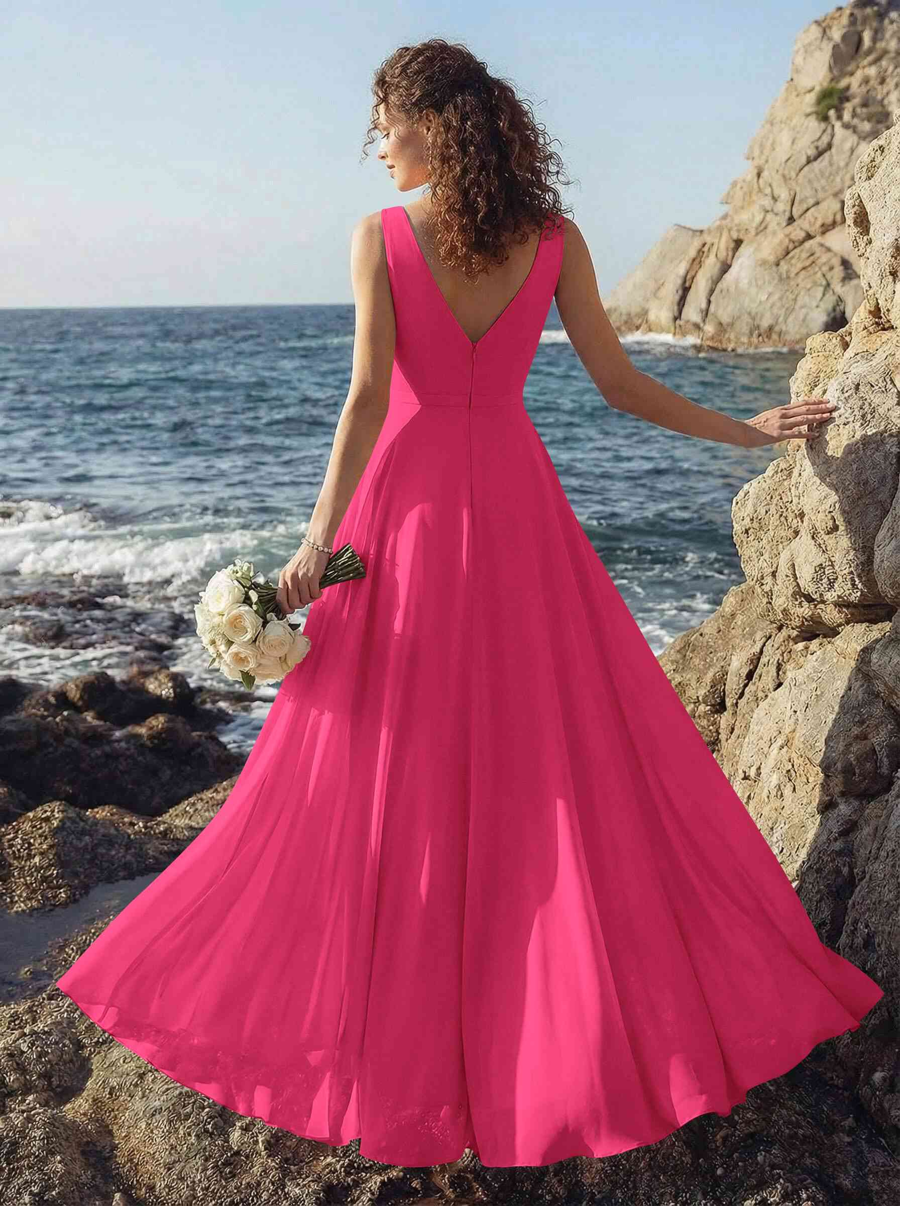 A-Line V-Neck Sleeveless Regular Straps Chiffon Asymmetrical Bridesmaid Dresses With Ruffle, product image 74