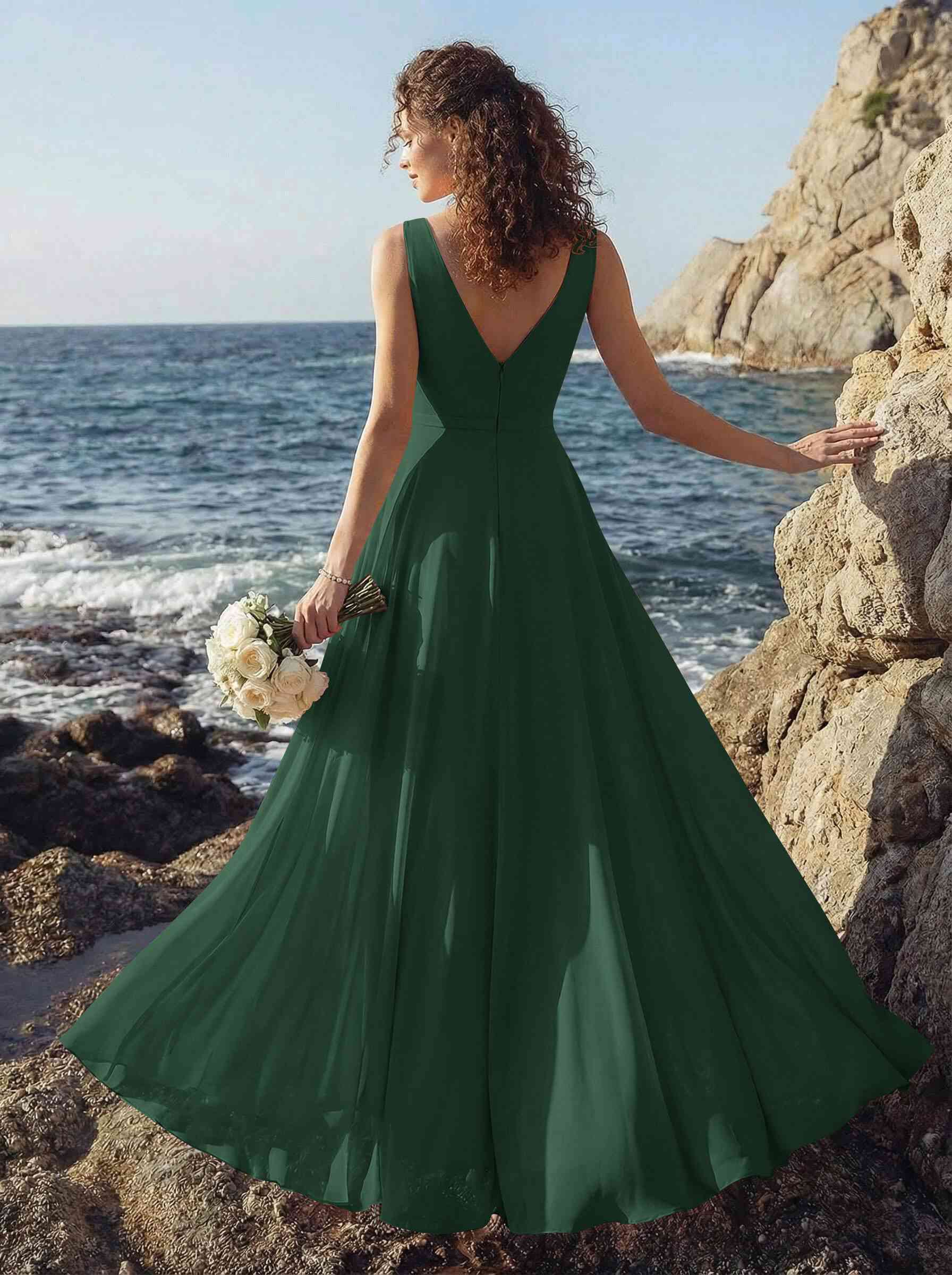 A-Line V-Neck Sleeveless Regular Straps Chiffon Asymmetrical Bridesmaid Dresses With Ruffle, product image 82