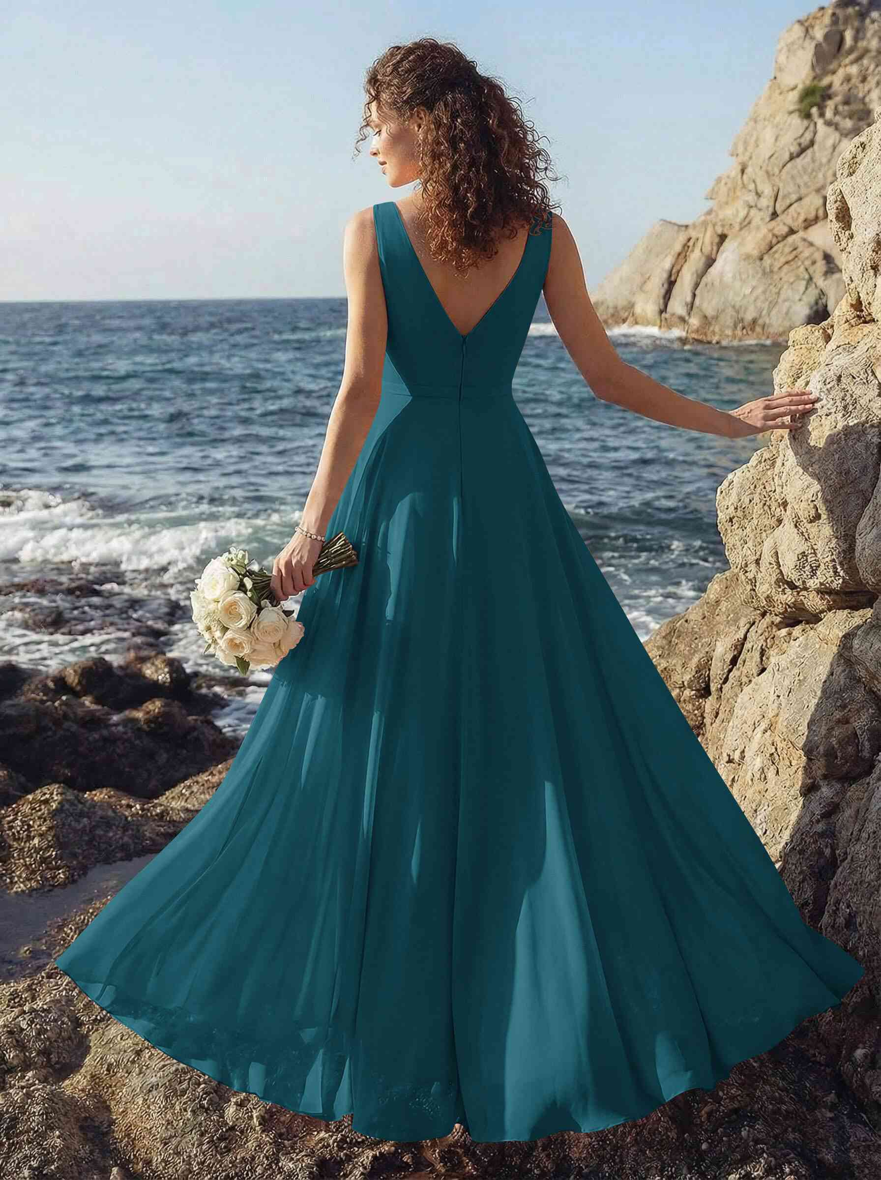A-Line V-Neck Sleeveless Regular Straps Chiffon Asymmetrical Bridesmaid Dresses With Ruffle, product image 14