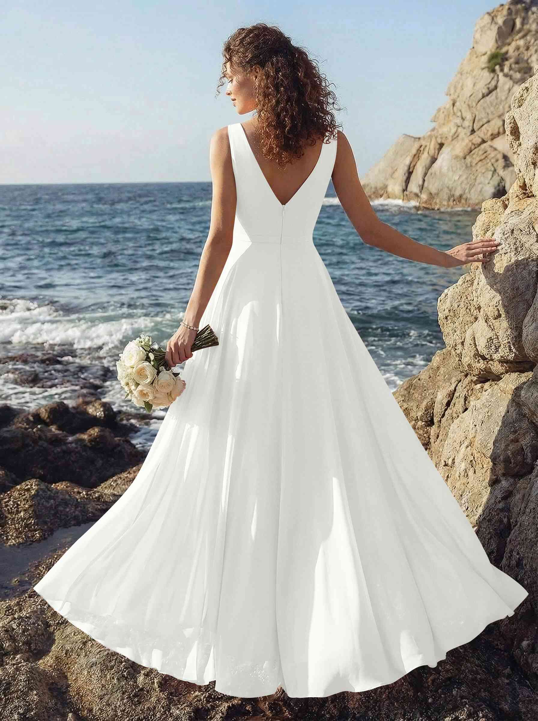A-Line V-Neck Sleeveless Regular Straps Chiffon Asymmetrical Bridesmaid Dresses With Ruffle, product image 110