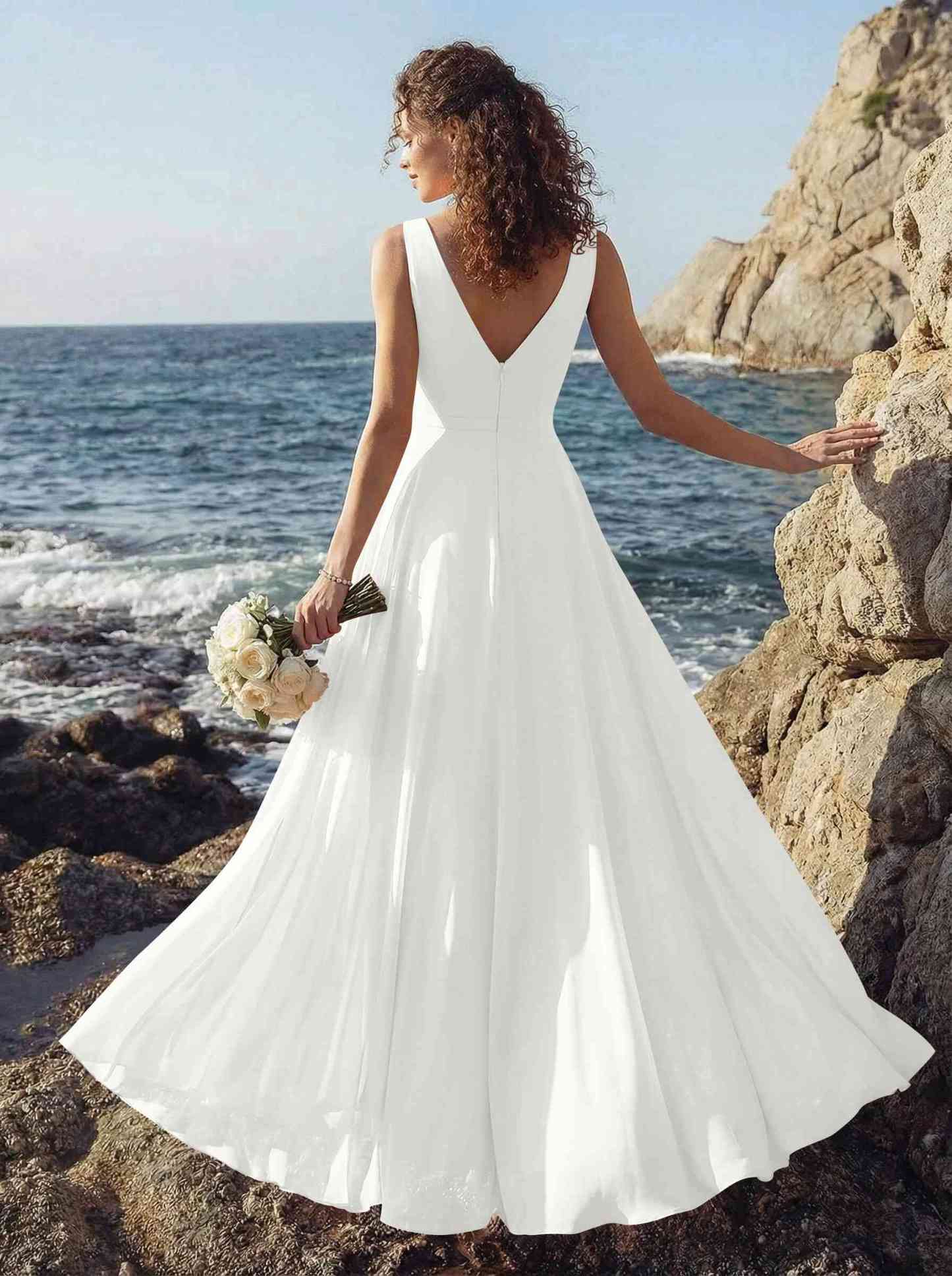A-Line V-Neck Sleeveless Regular Straps Chiffon Asymmetrical Bridesmaid Dresses With Ruffle, product image 110