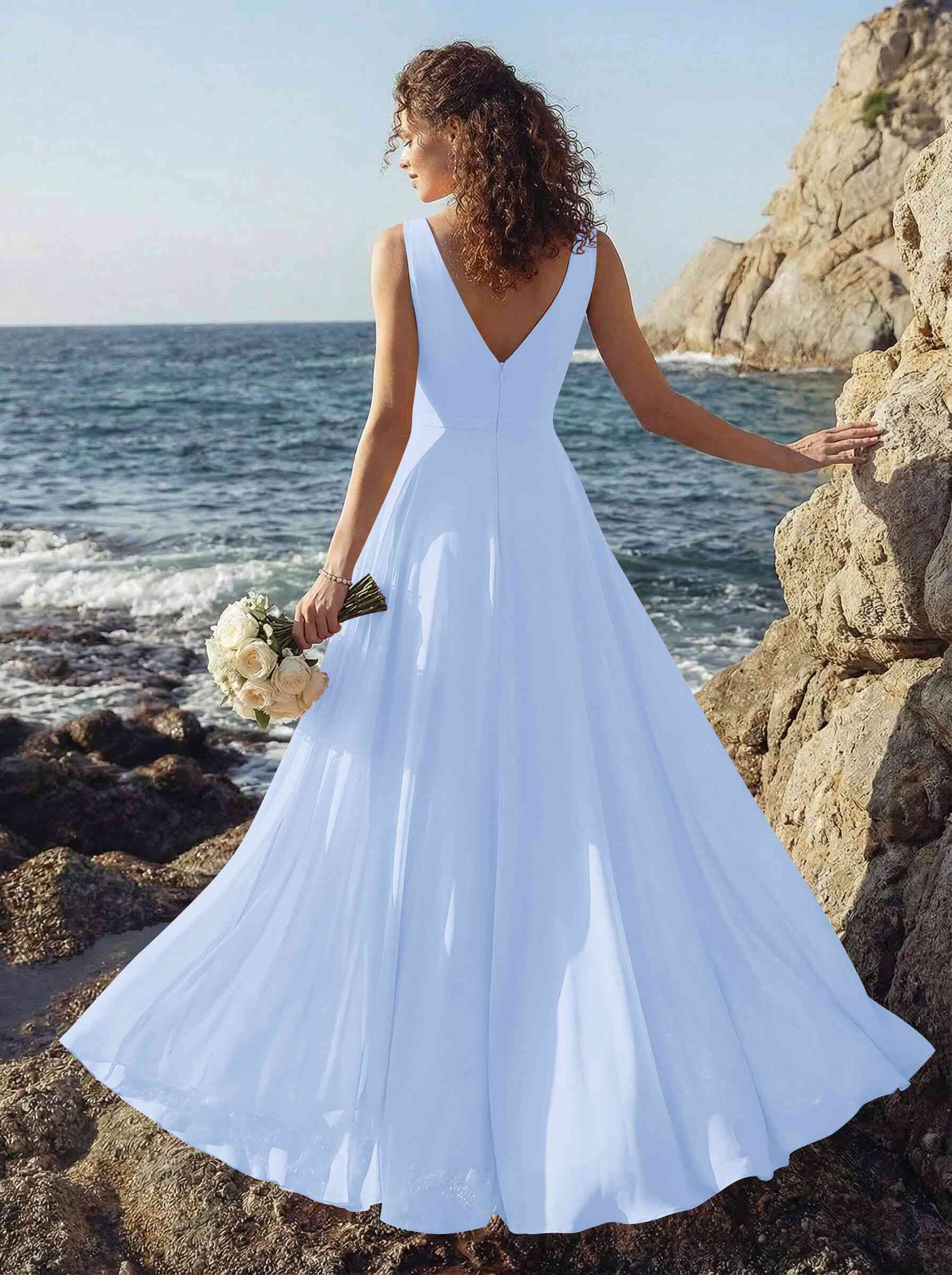 A-Line V-Neck Sleeveless Regular Straps Chiffon Asymmetrical Bridesmaid Dresses With Ruffle, product image 64