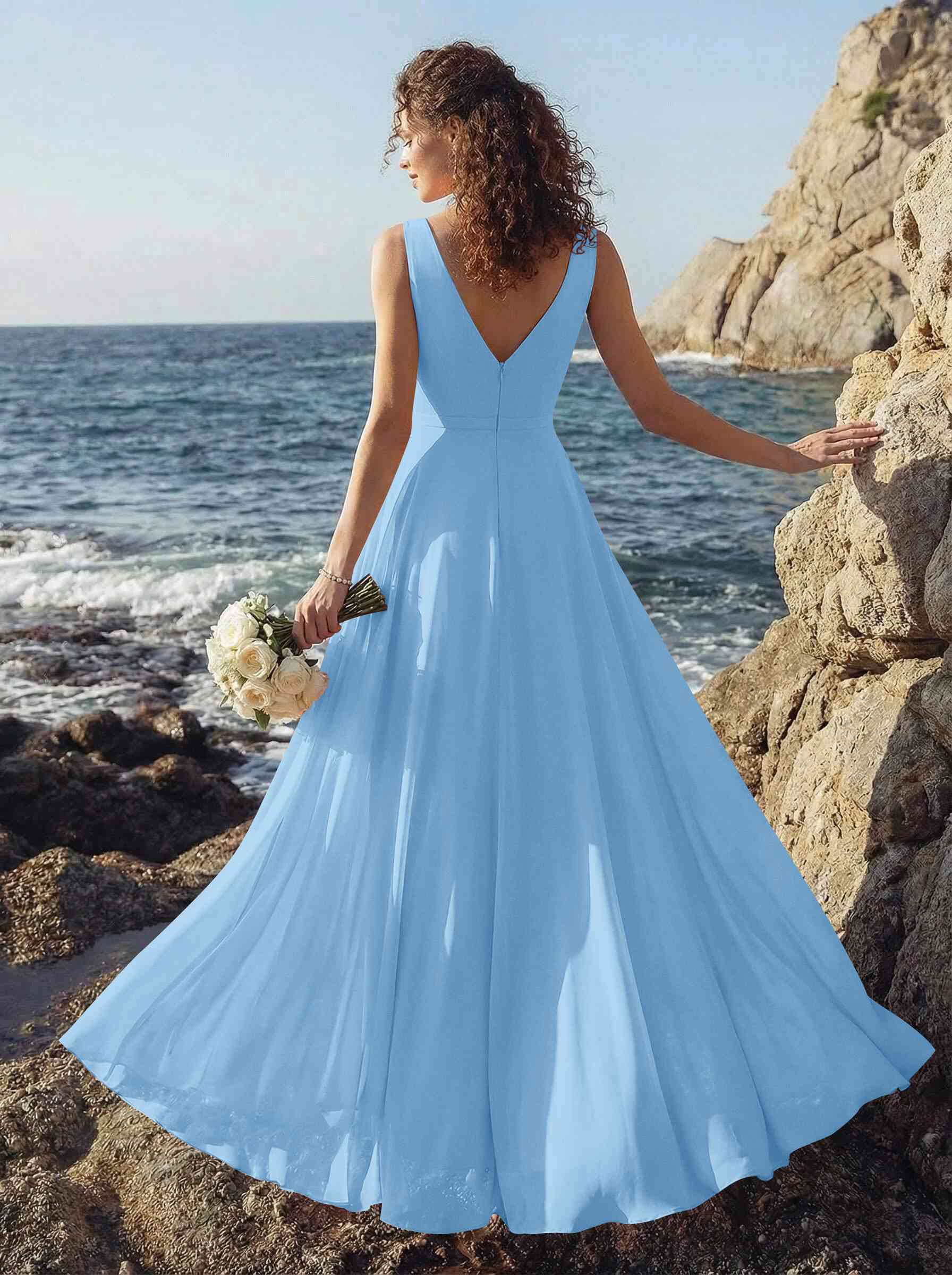 A-Line V-Neck Sleeveless Regular Straps Chiffon Asymmetrical Bridesmaid Dresses With Ruffle, product image 22
