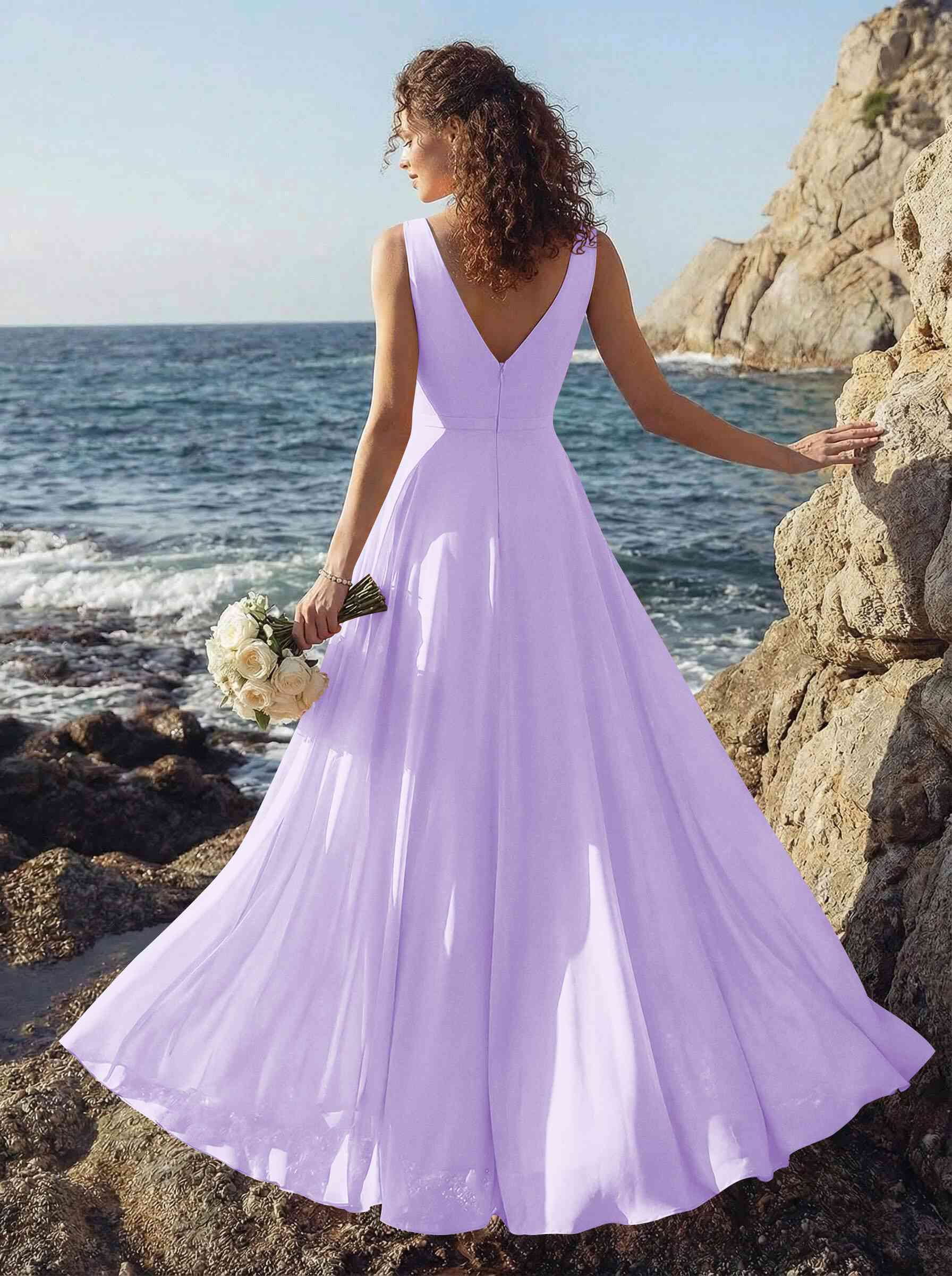 A-Line V-Neck Sleeveless Regular Straps Chiffon Asymmetrical Bridesmaid Dresses With Ruffle, product image 62