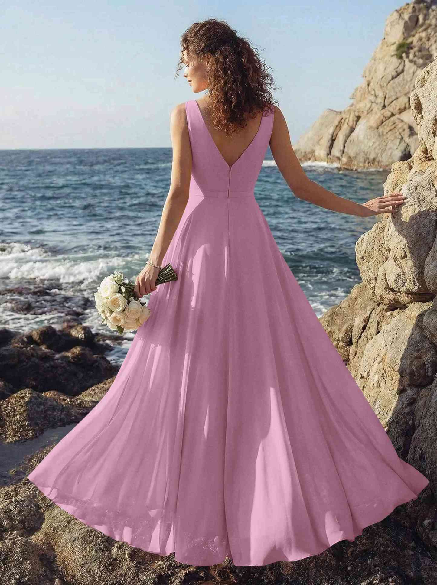 A-Line V-Neck Sleeveless Regular Straps Chiffon Asymmetrical Bridesmaid Dresses With Ruffle, product image 60