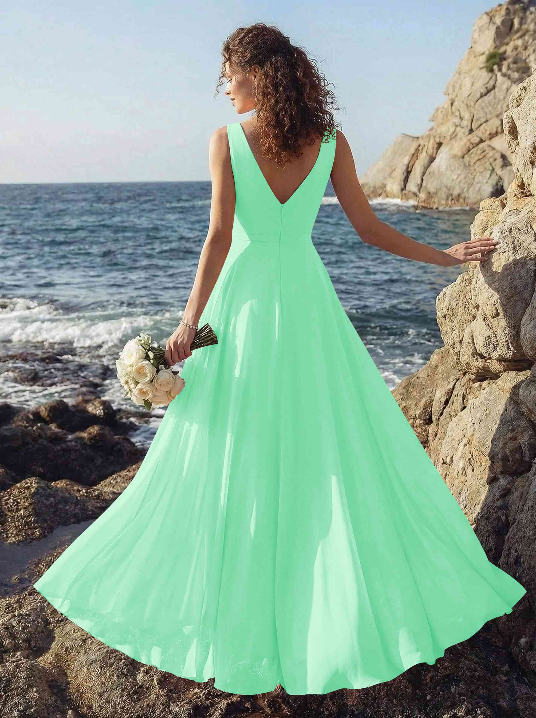 A-Line V-Neck Sleeveless Regular Straps Chiffon Asymmetrical Bridesmaid Dresses With Ruffle, product image 92