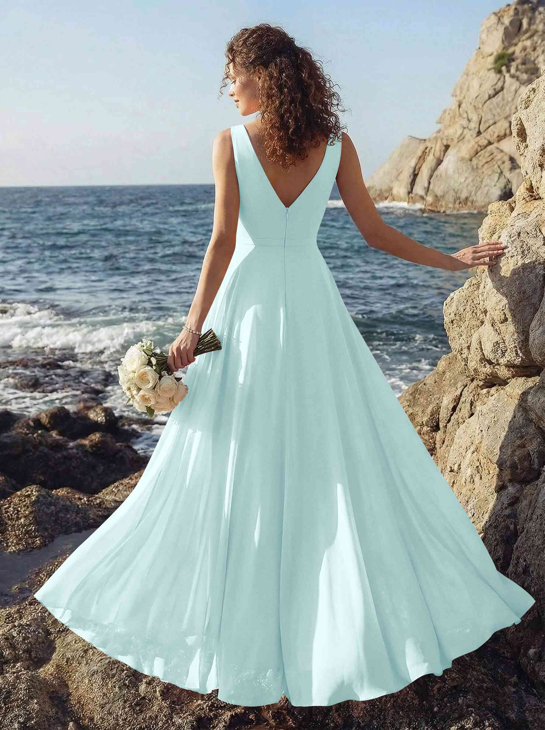 A-Line V-Neck Sleeveless Regular Straps Chiffon Asymmetrical Bridesmaid Dresses With Ruffle, product image 26