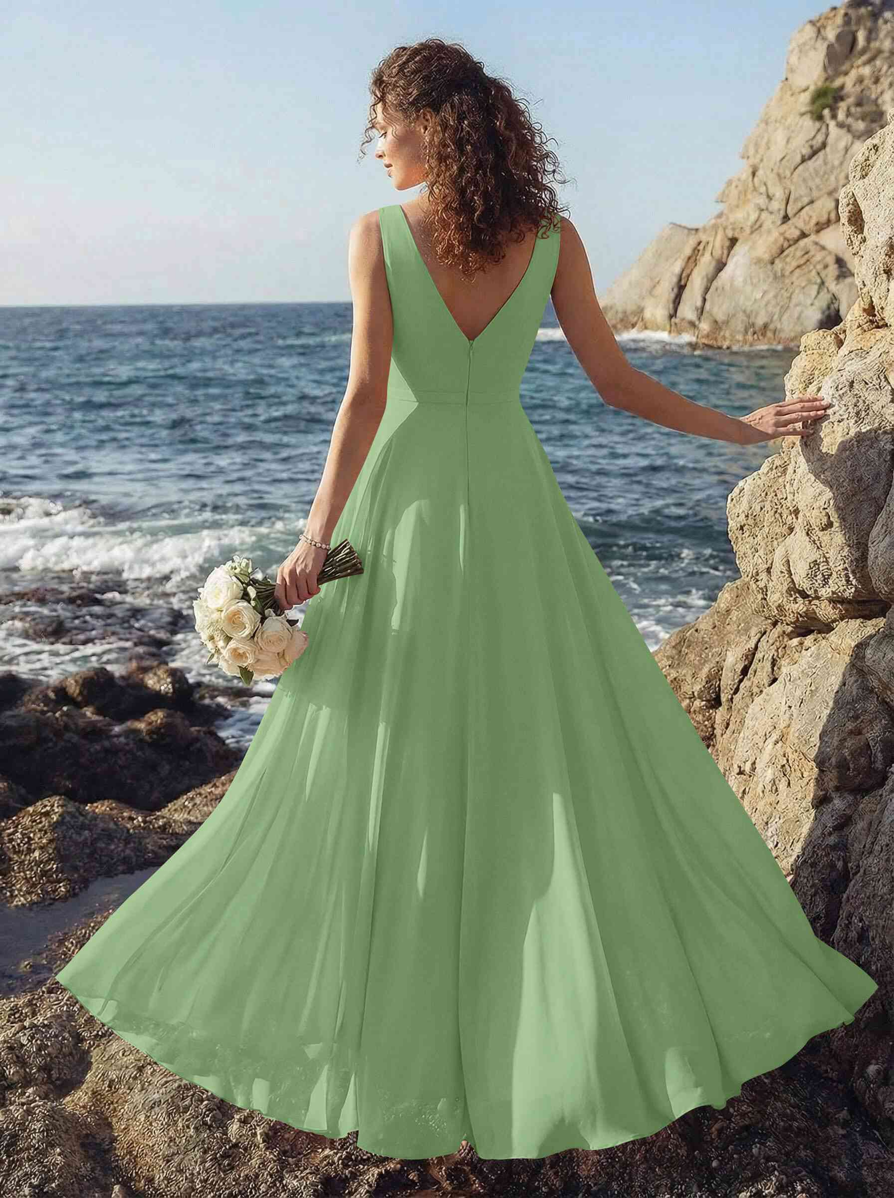 A-Line V-Neck Sleeveless Regular Straps Chiffon Asymmetrical Bridesmaid Dresses With Ruffle, product image 132