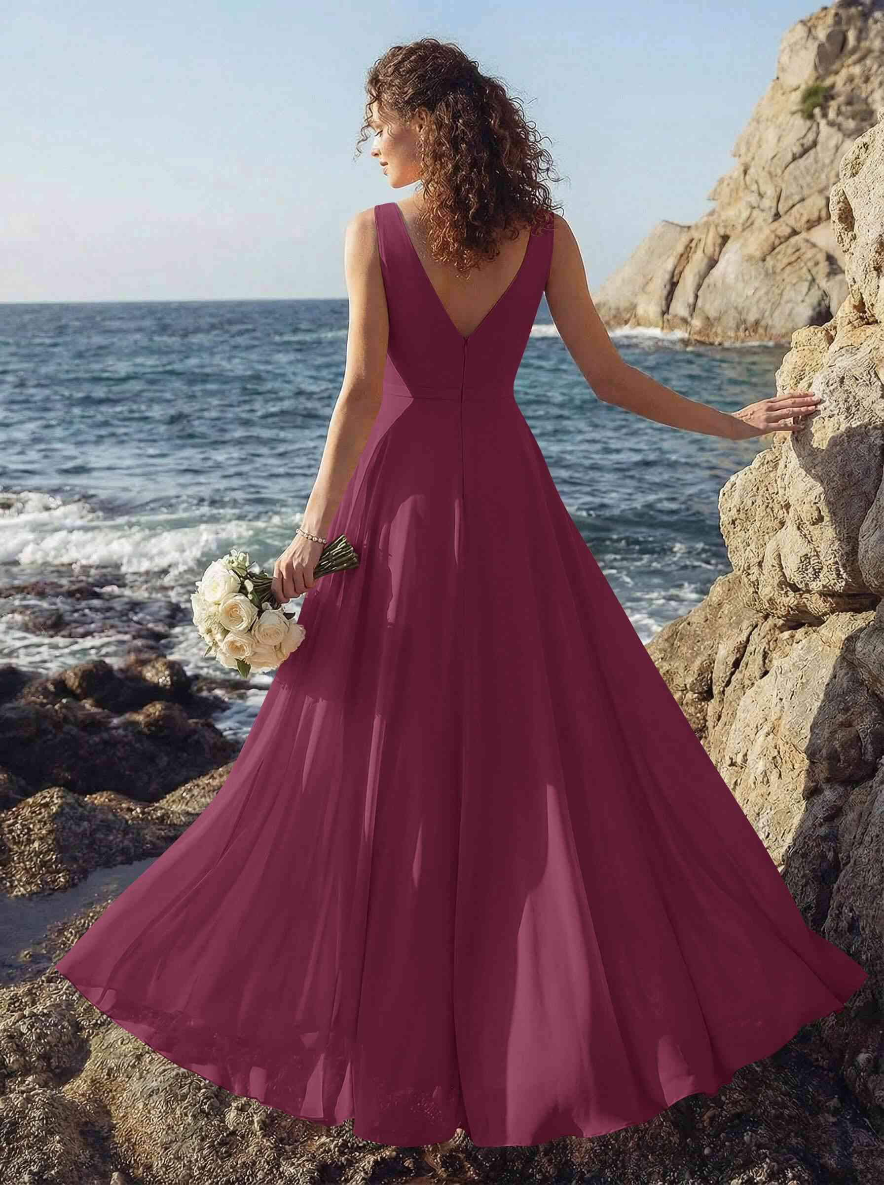 A-Line V-Neck Sleeveless Regular Straps Chiffon Asymmetrical Bridesmaid Dresses With Ruffle, product image 34