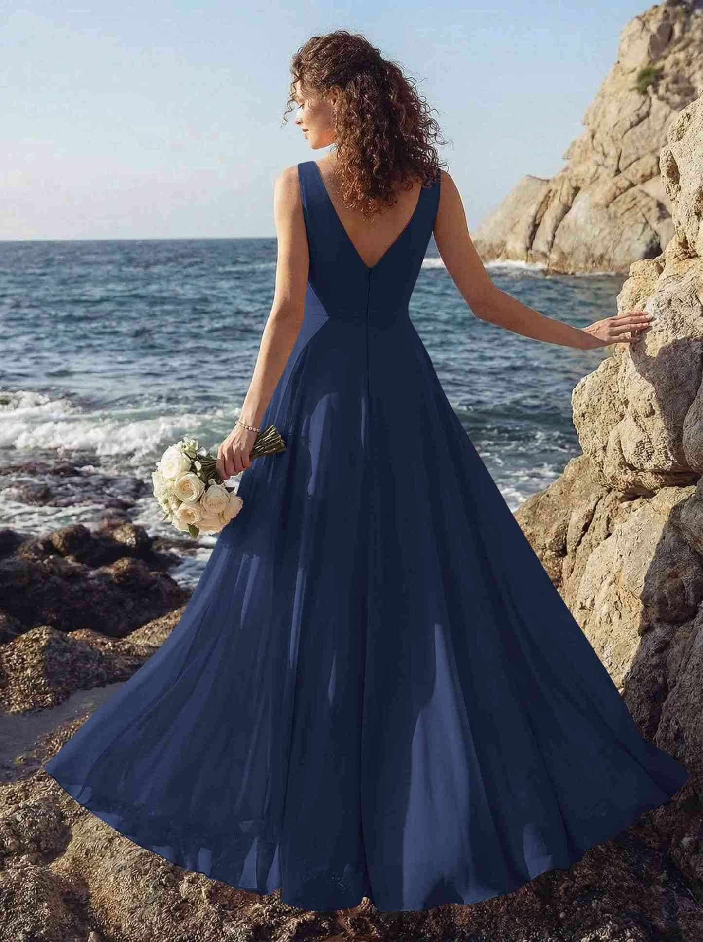 A-Line V-Neck Sleeveless Regular Straps Chiffon Asymmetrical Bridesmaid Dresses With Ruffle, product image 6