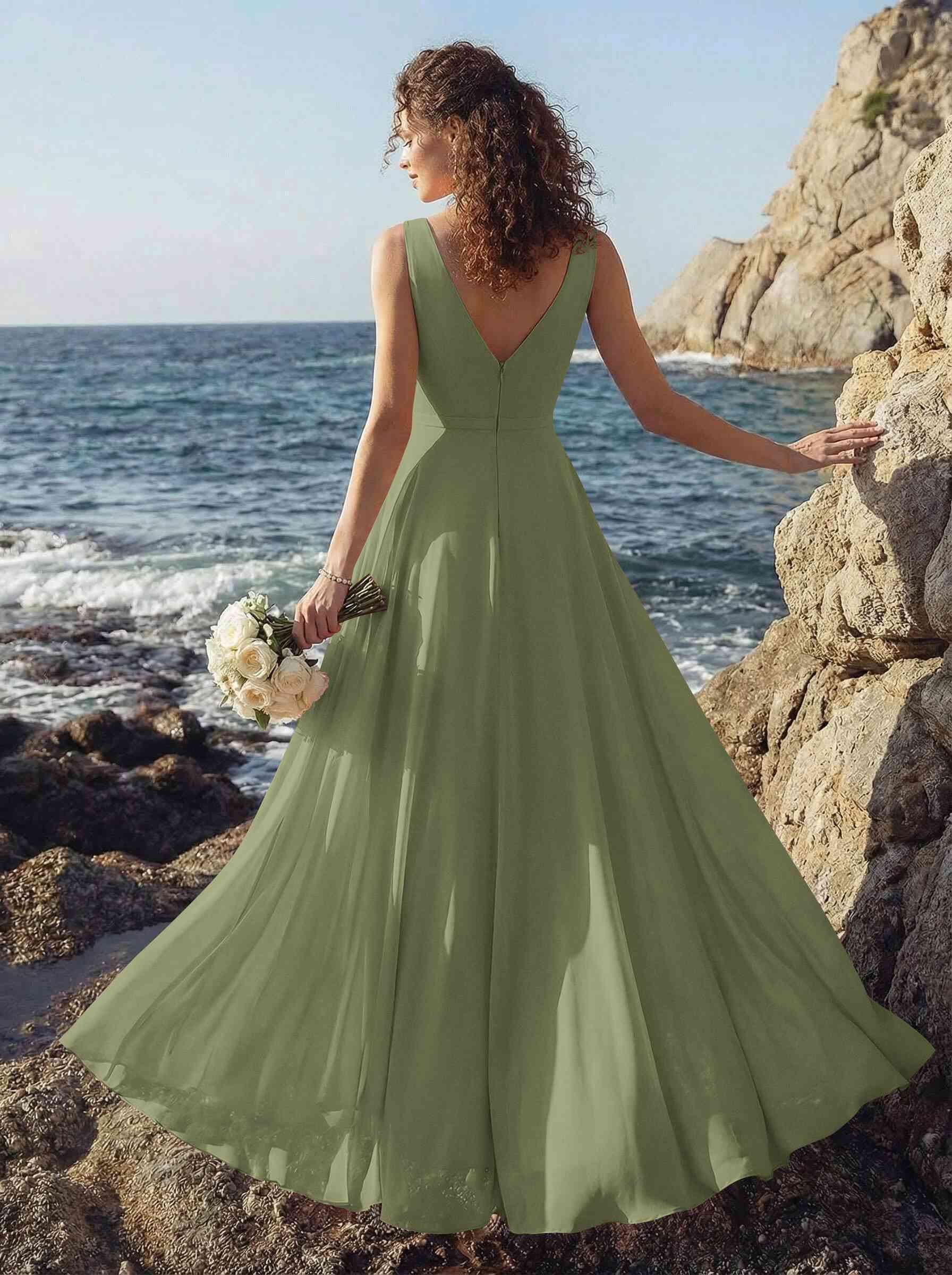 A-Line V-Neck Sleeveless Regular Straps Chiffon Asymmetrical Bridesmaid Dresses With Ruffle, product image 120