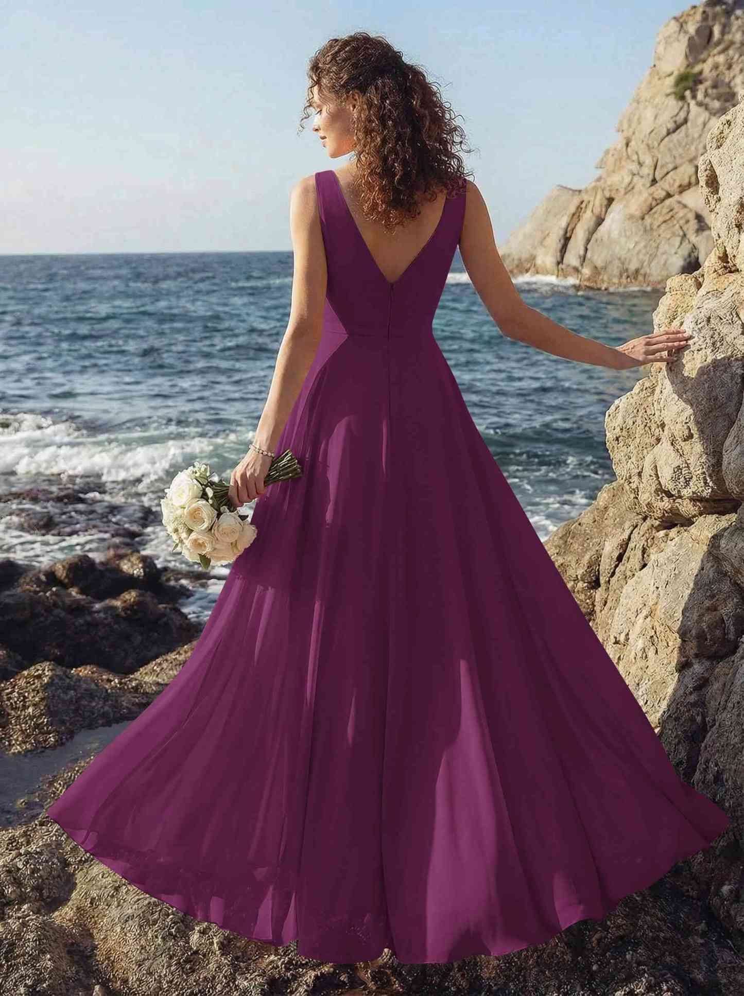A-Line V-Neck Sleeveless Regular Straps Chiffon Asymmetrical Bridesmaid Dresses With Ruffle, product image 72