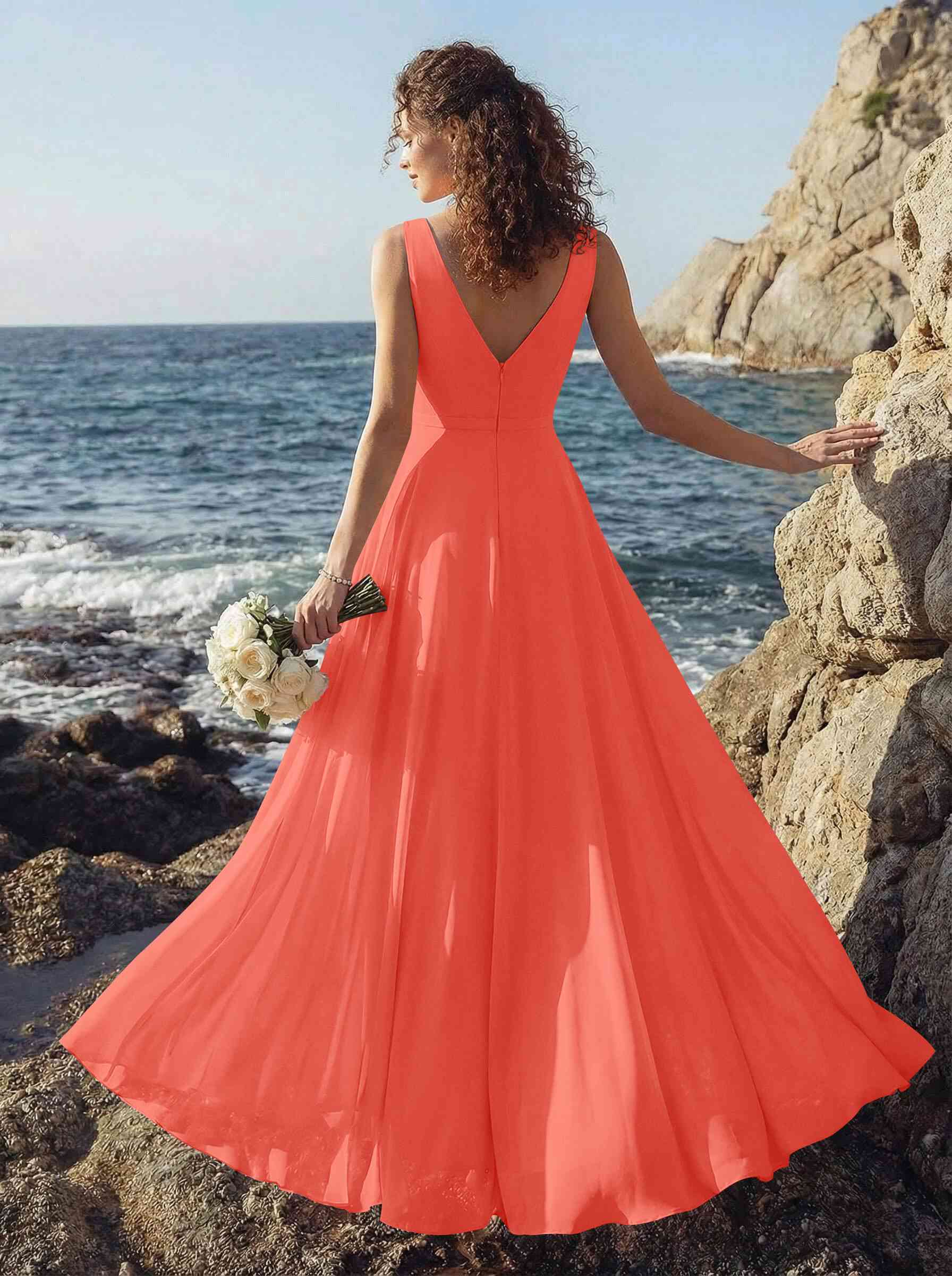A-Line V-Neck Sleeveless Regular Straps Chiffon Asymmetrical Bridesmaid Dresses With Ruffle, product image 106