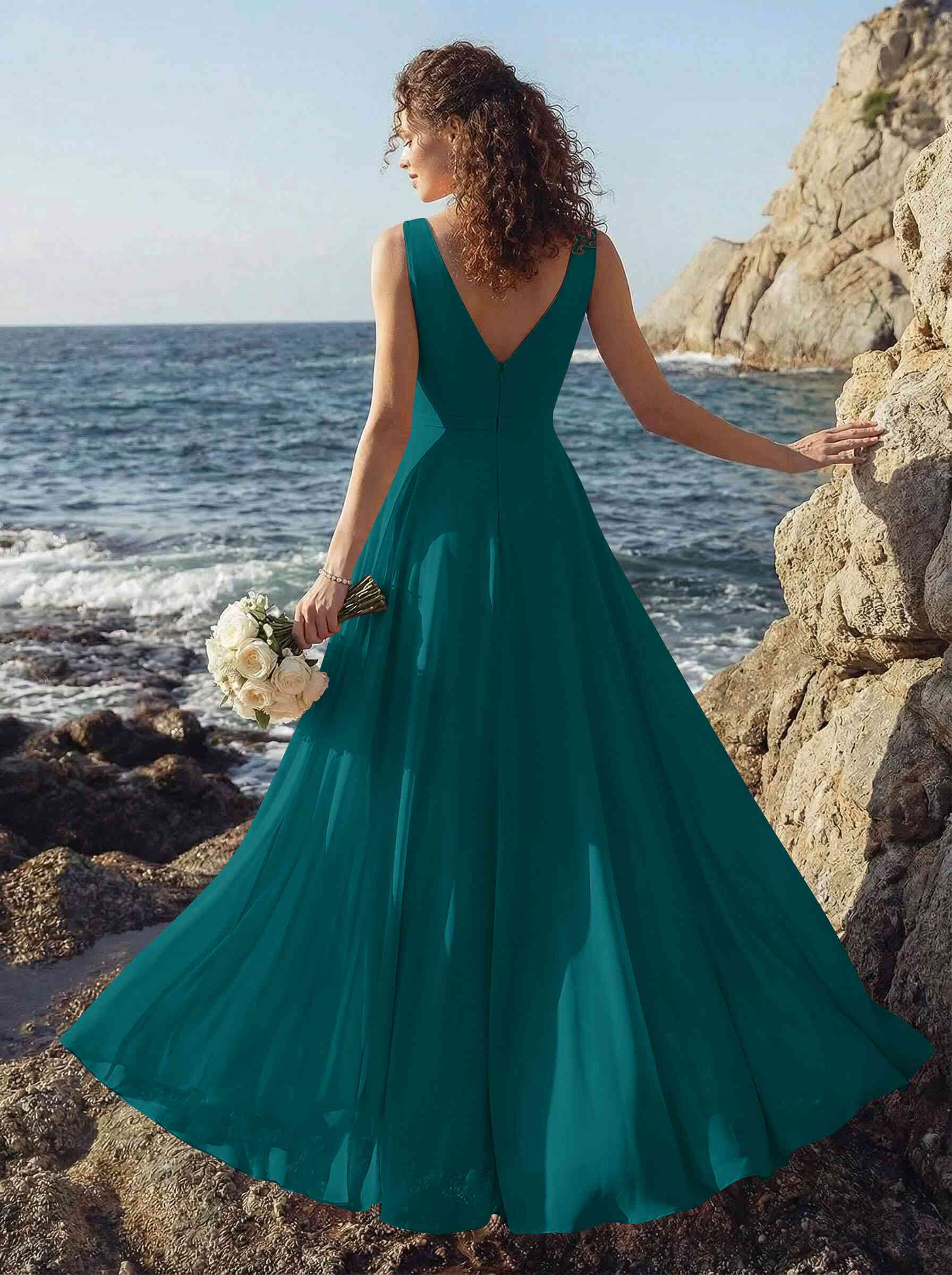 A-Line V-Neck Sleeveless Regular Straps Chiffon Asymmetrical Bridesmaid Dresses With Ruffle, product image 84